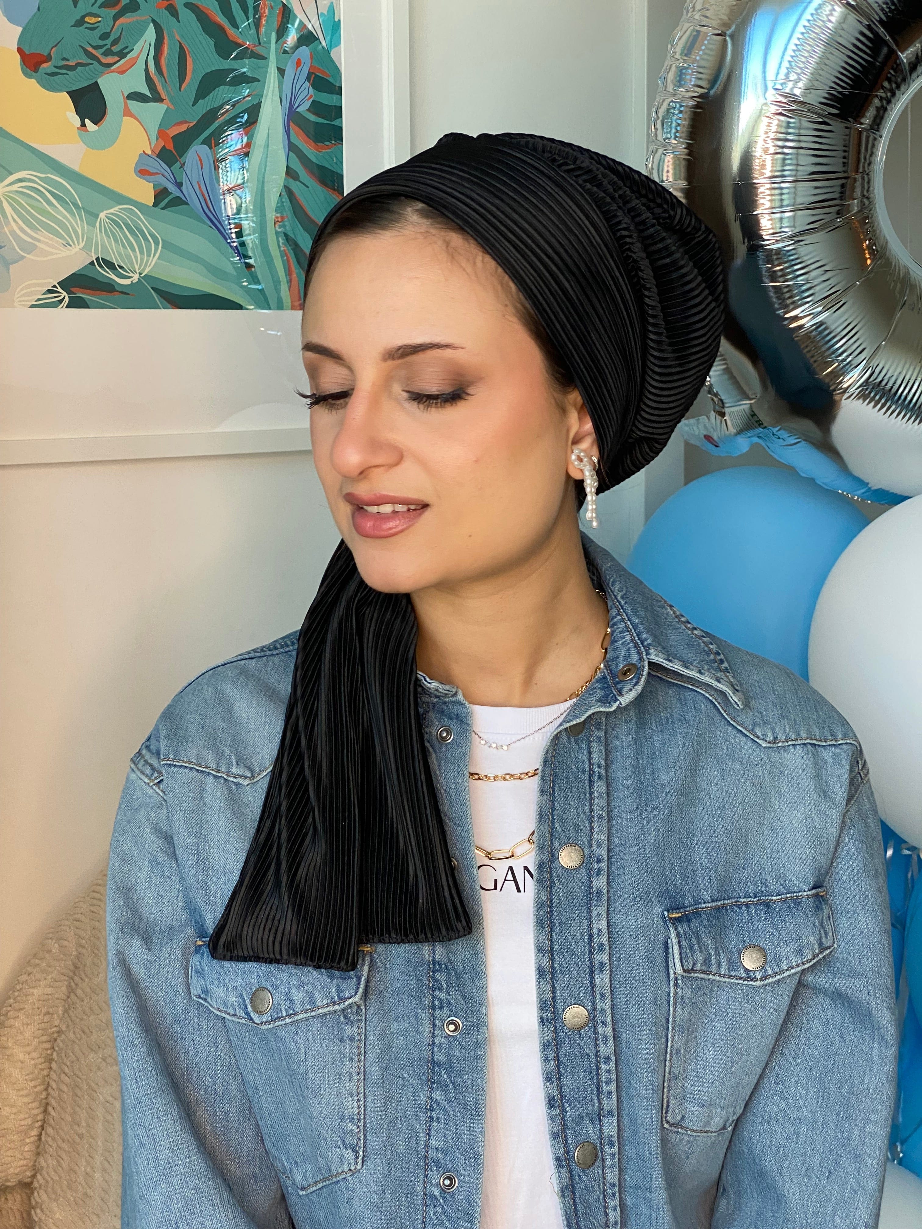 Beanie Pleated Wrap - Black - Turban Couture