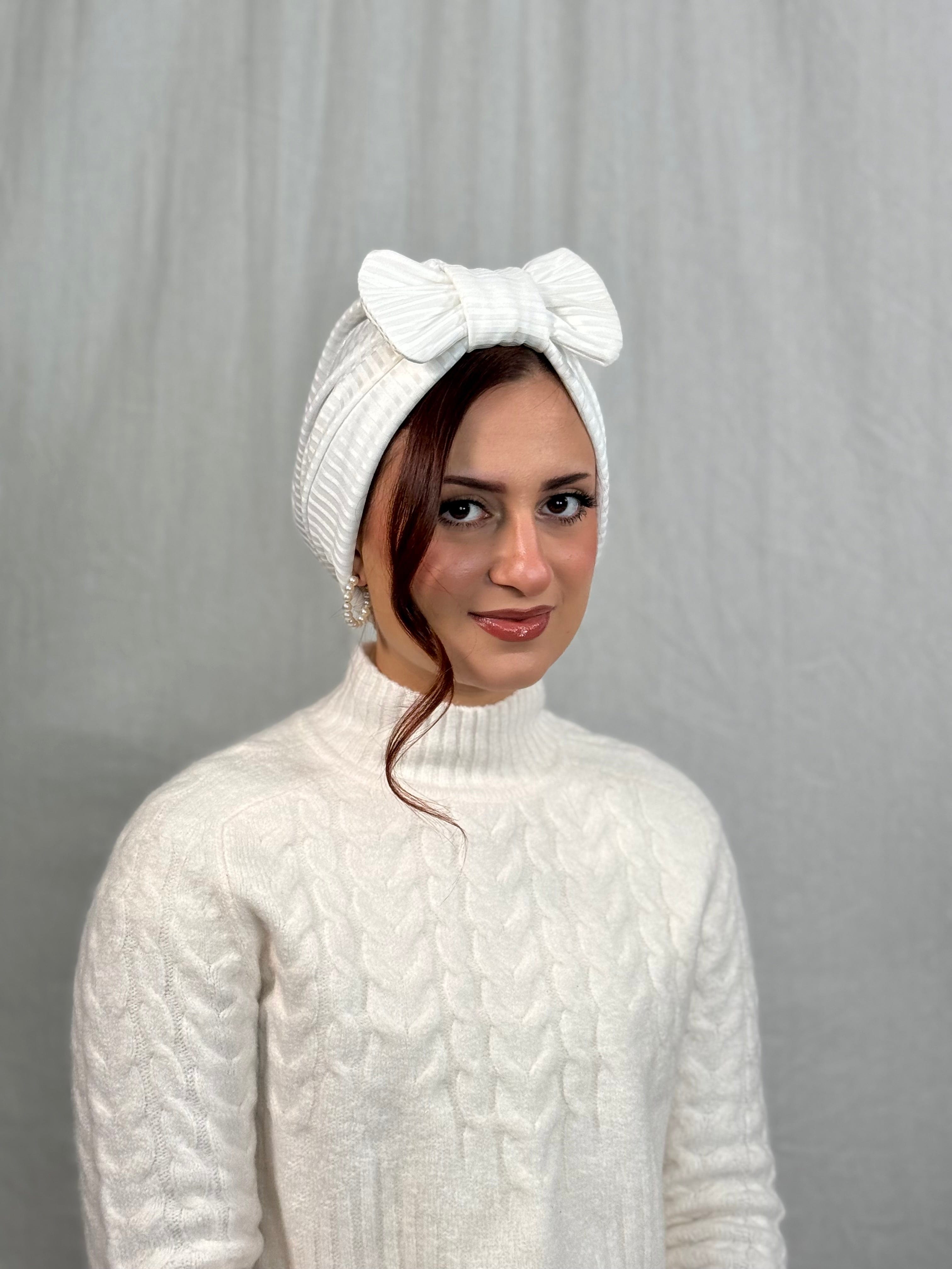 Beanie Bow Ribbed Jersey - White - Turban Couture