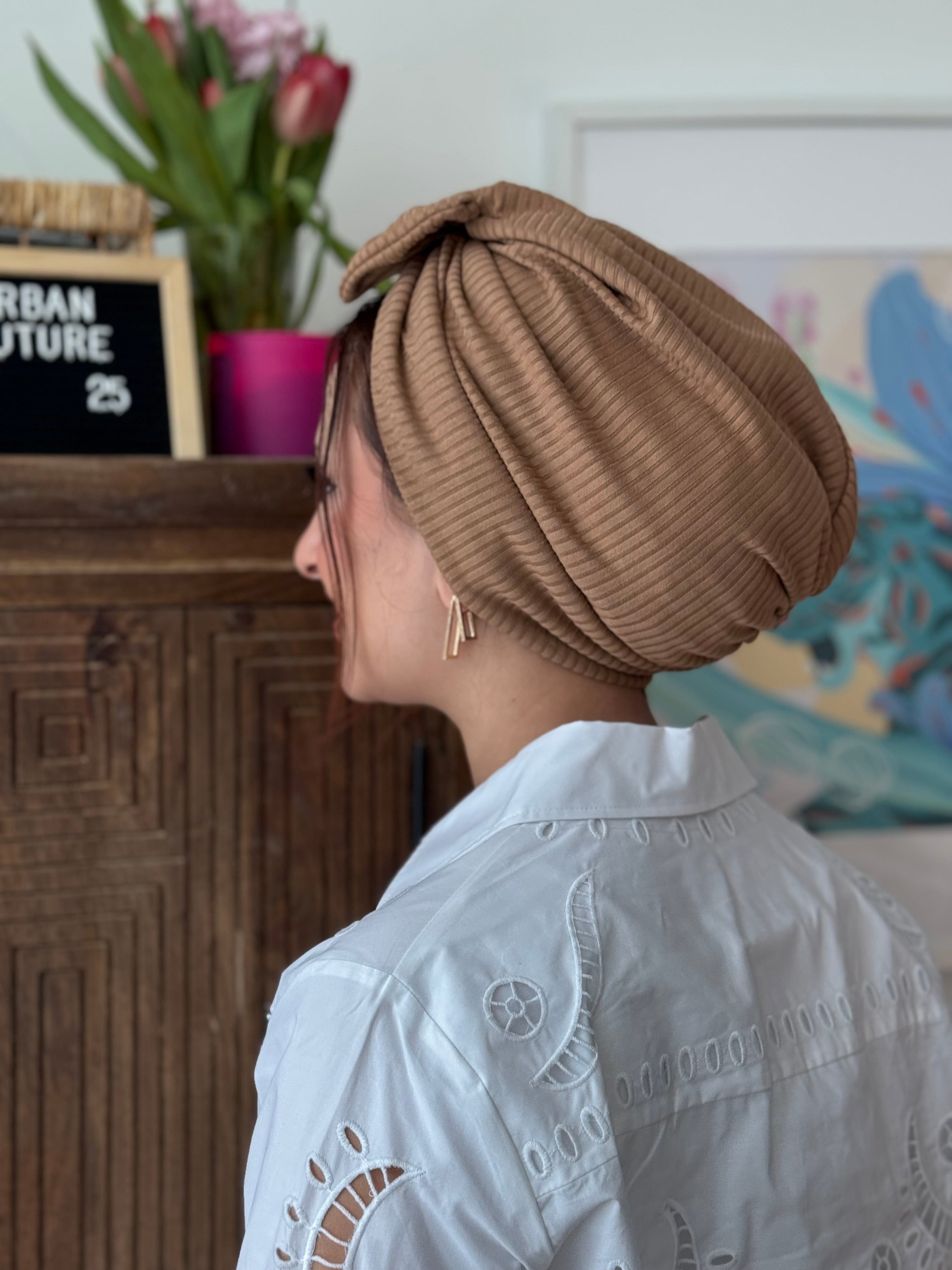 Beanie Bow Ribbed Jersey - Caramel - Turban Couture