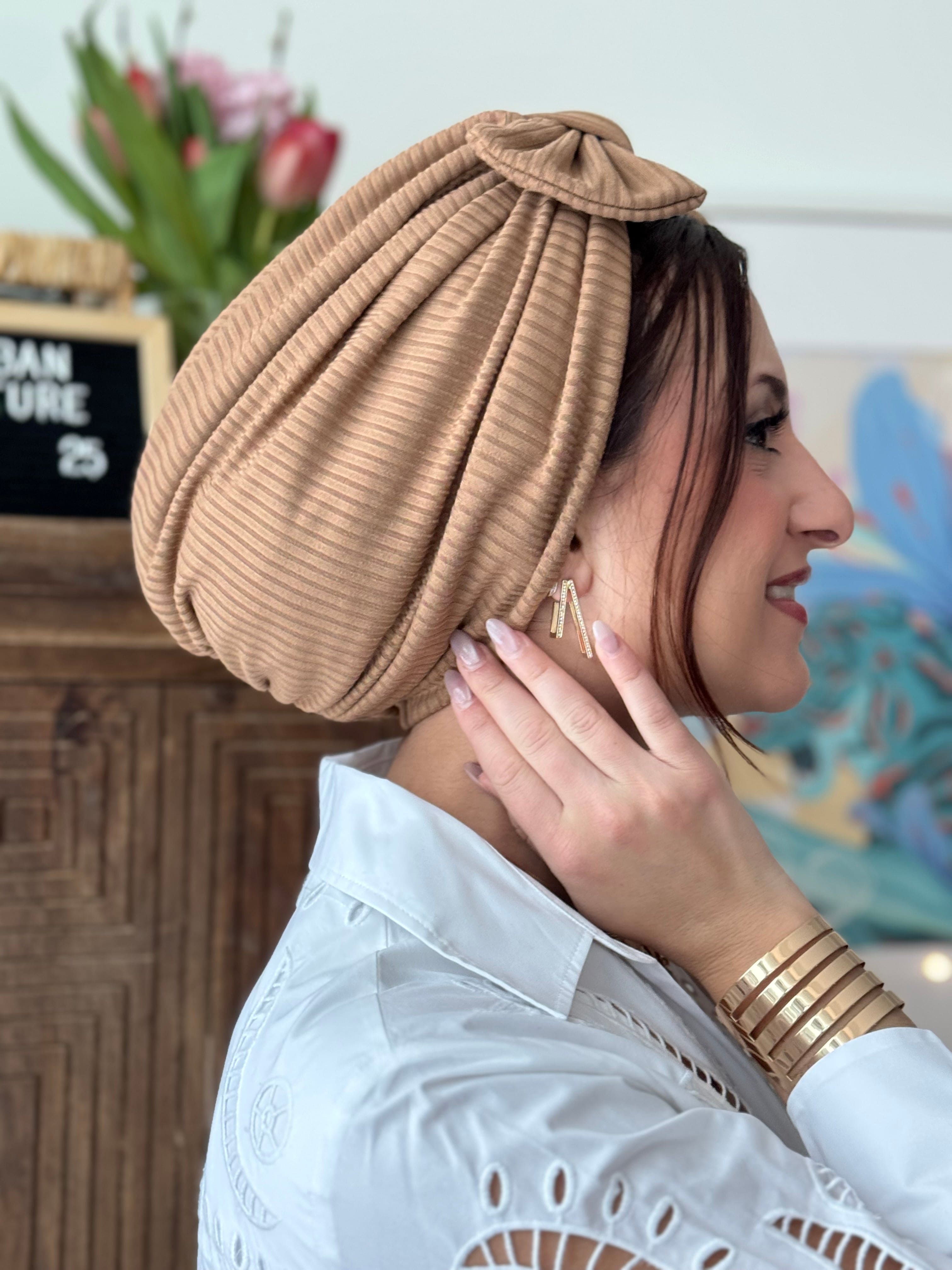 Beanie Bow Ribbed Jersey - Caramel - Turban Couture