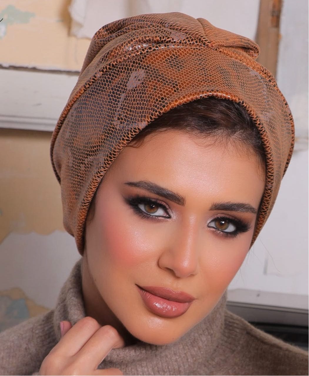 Beanie Snake Leather - Browns - Turban Couture
