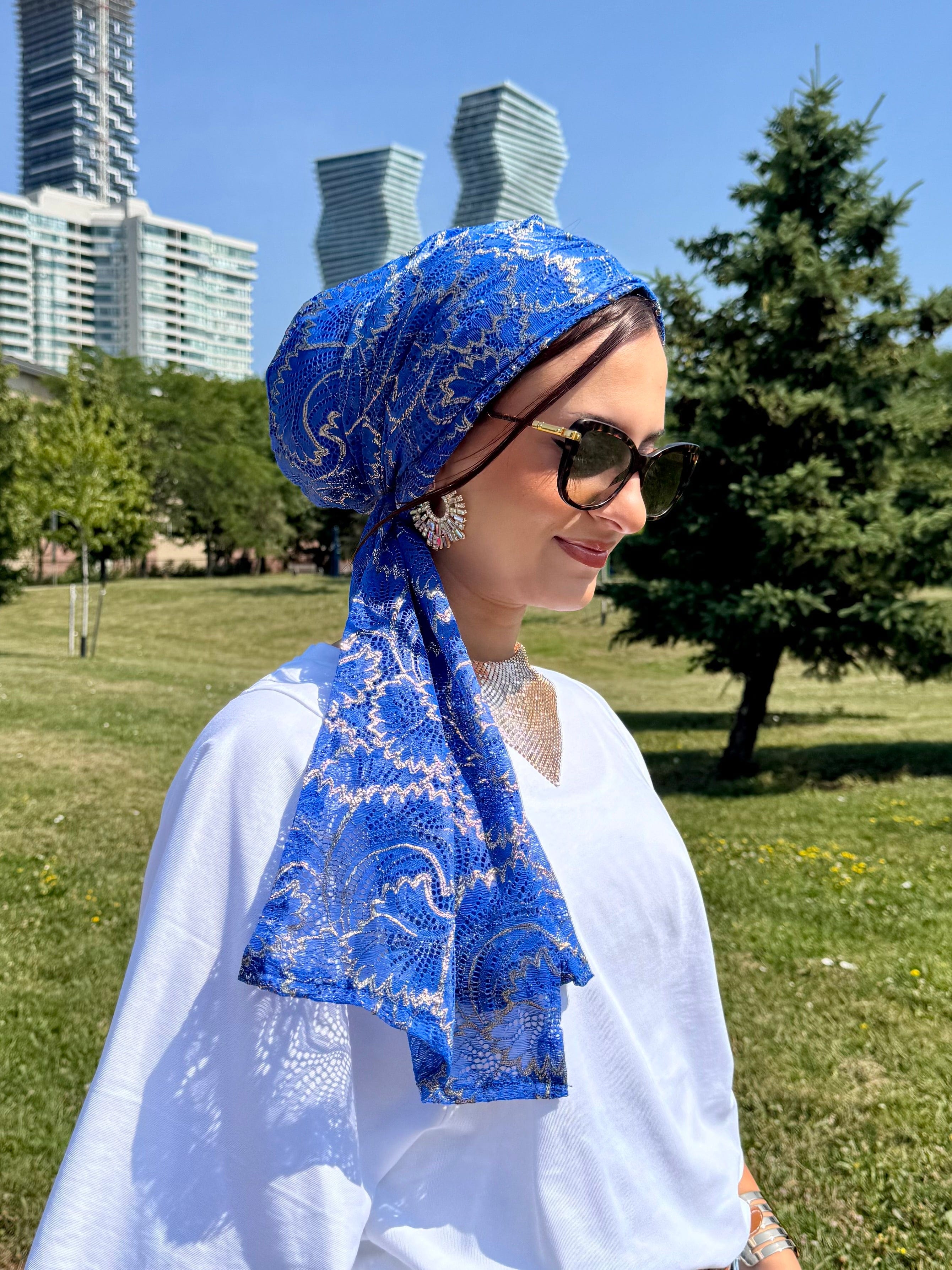 Beanie Wrap Lace - Blue Gold - Turban Couture