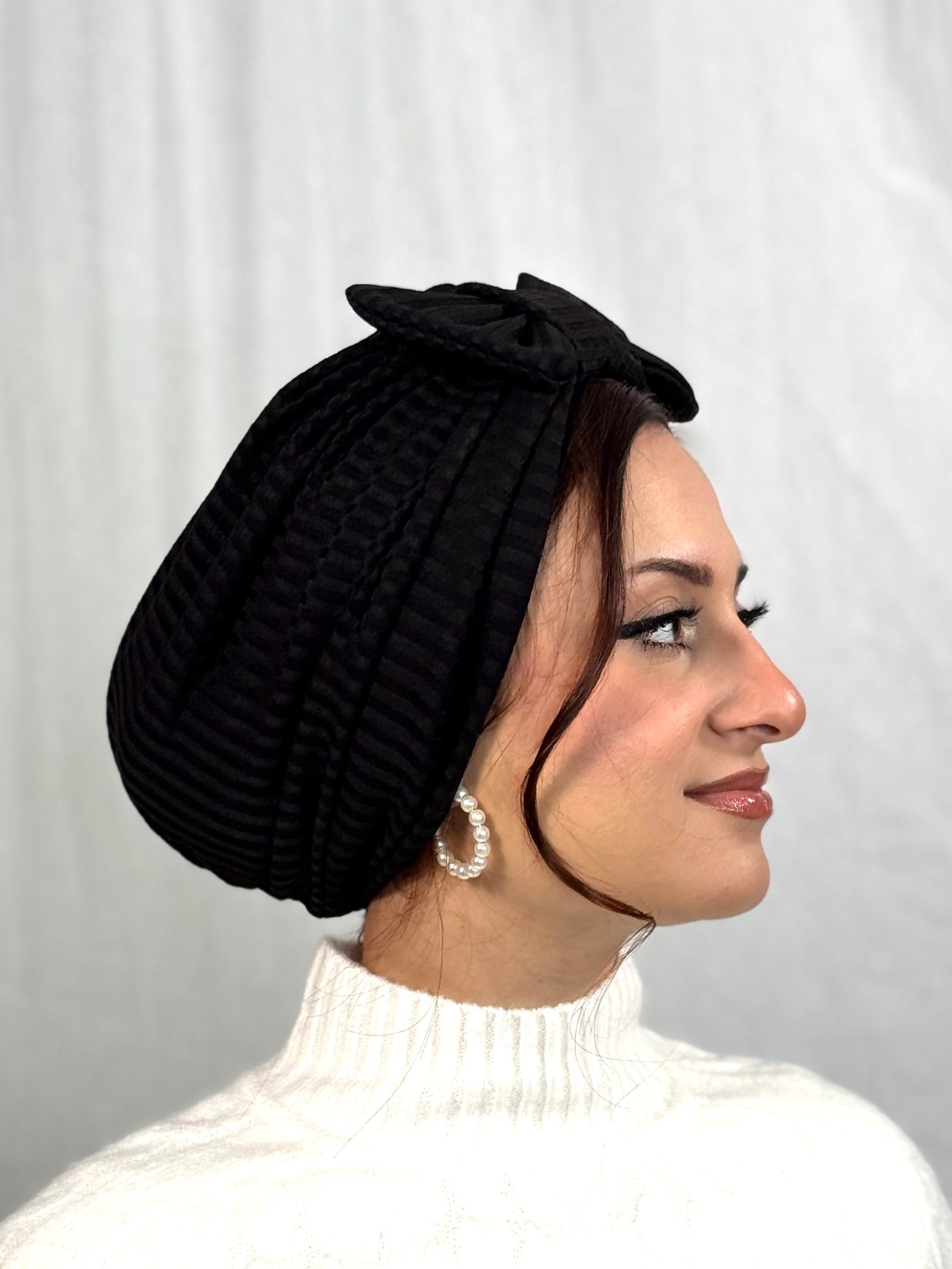 Beanie Bow (NO BOW) Ribbed Jersey - Black - Turban Couture