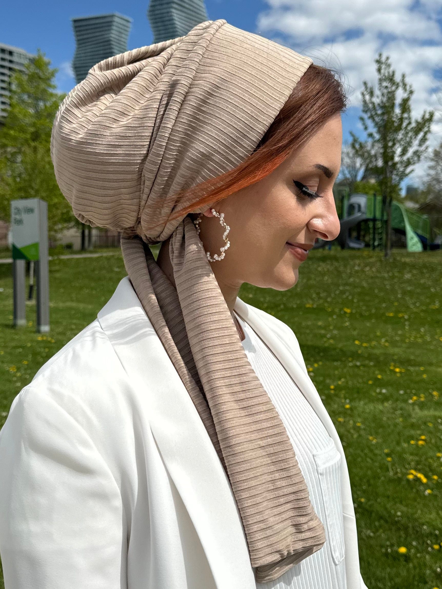 Beanie Wrap Ribbed Jersey - Khaki - Turban Couture