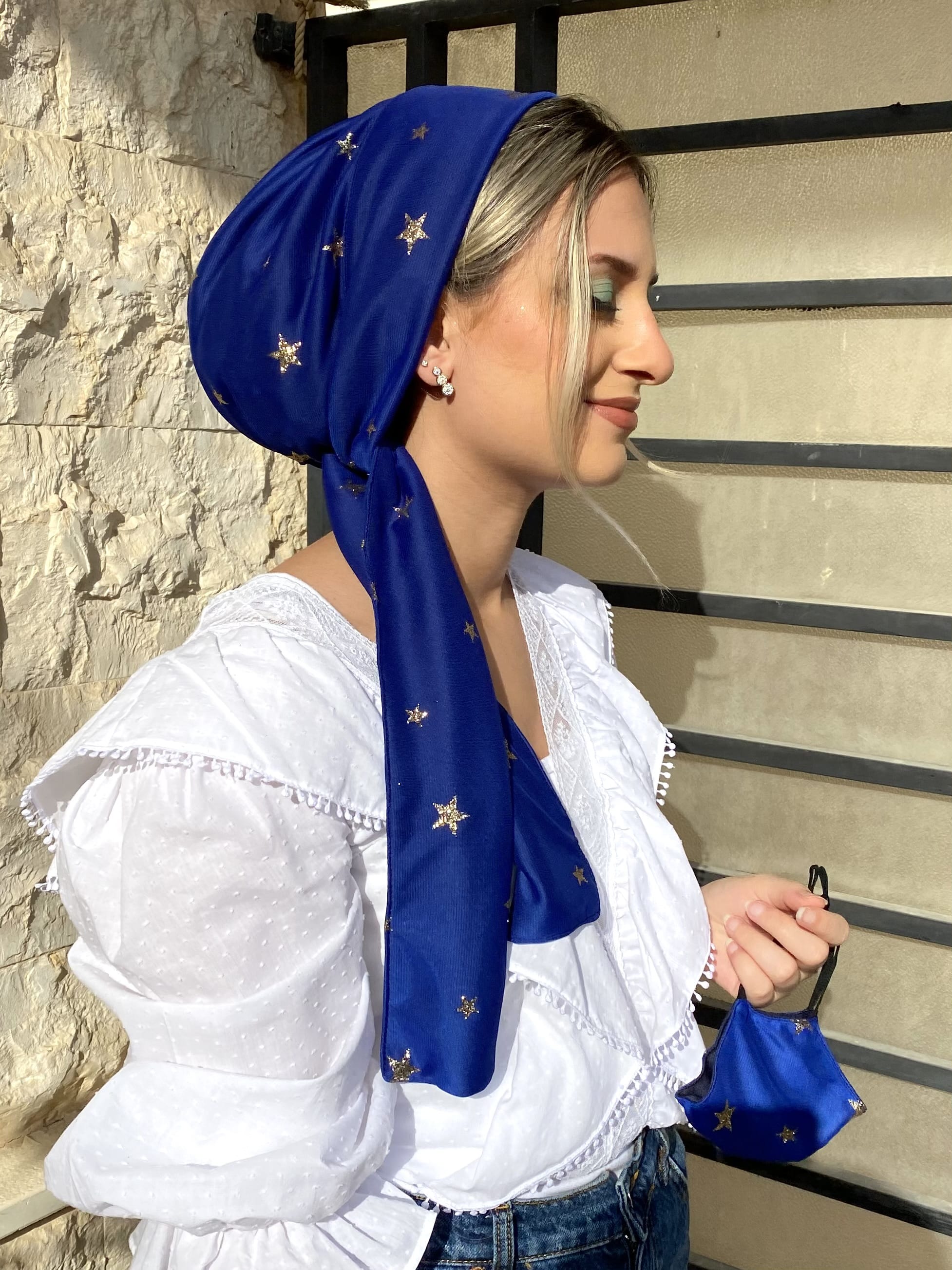 Beanie Wrap Chiffon - Blue with Gold stars