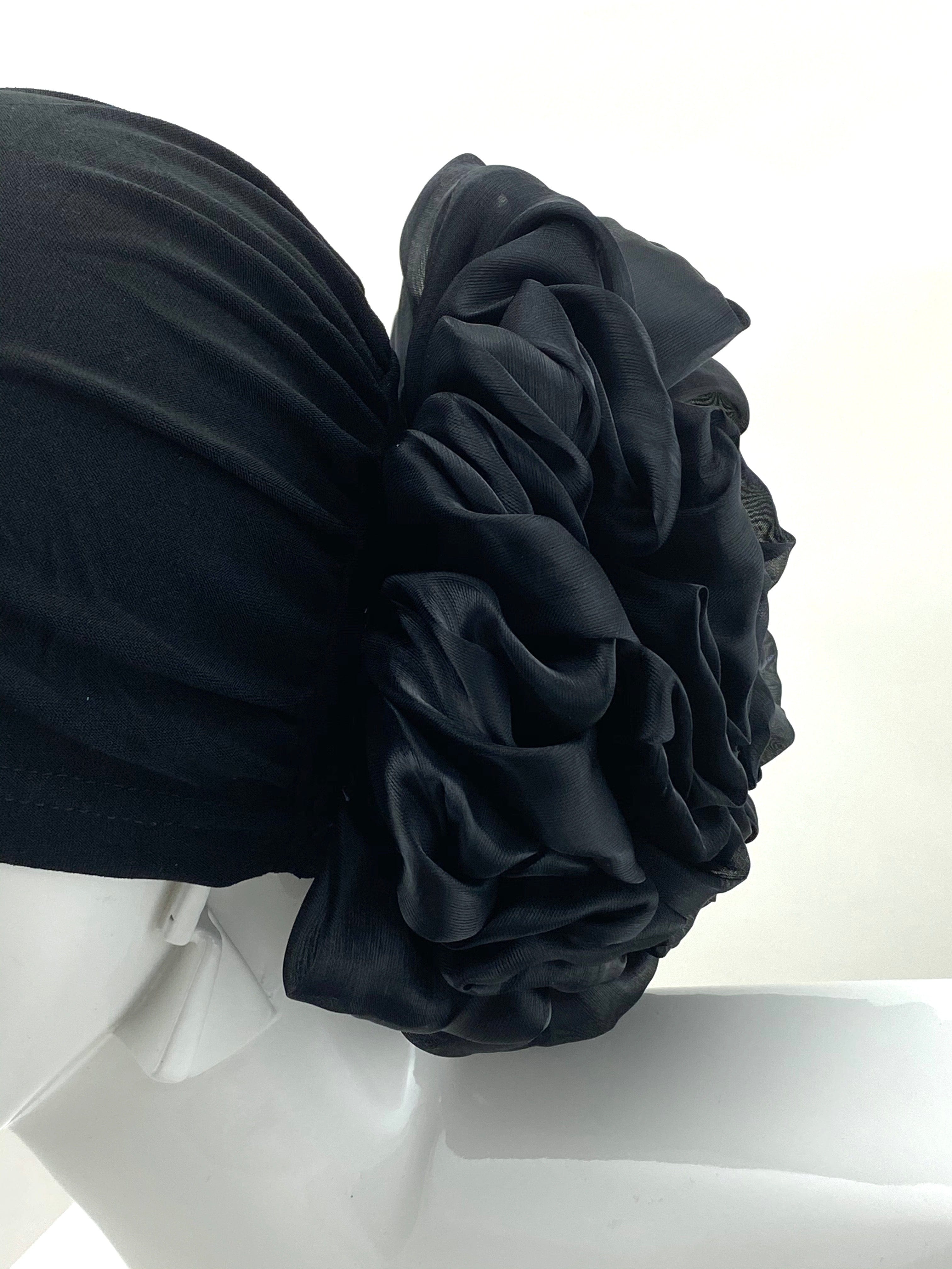 Volumizing Scrunchie Cap - Black Big Flower Volume in the back - Turban Couture