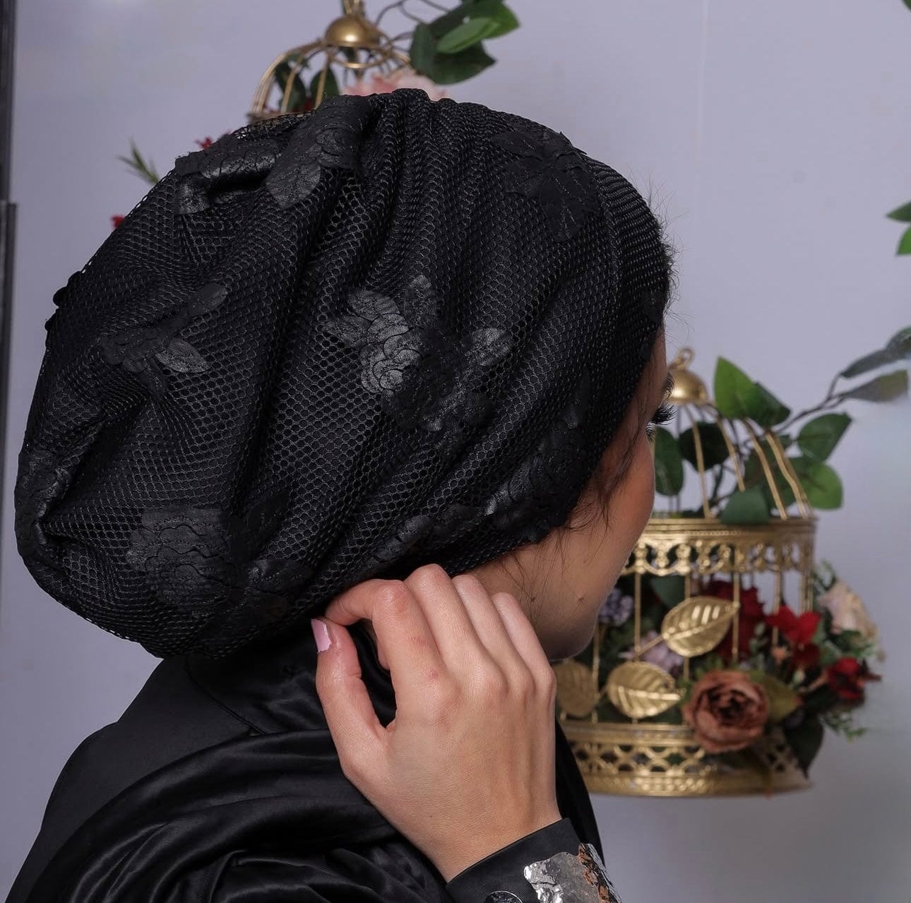 Beanie Floral Knit - Black - Turban Couture