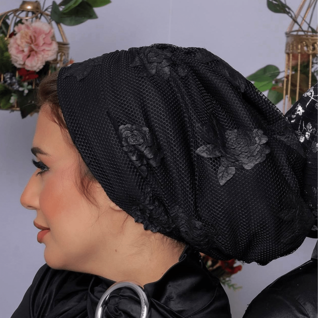 Beanie Floral Knit - Black - Turban Couture
