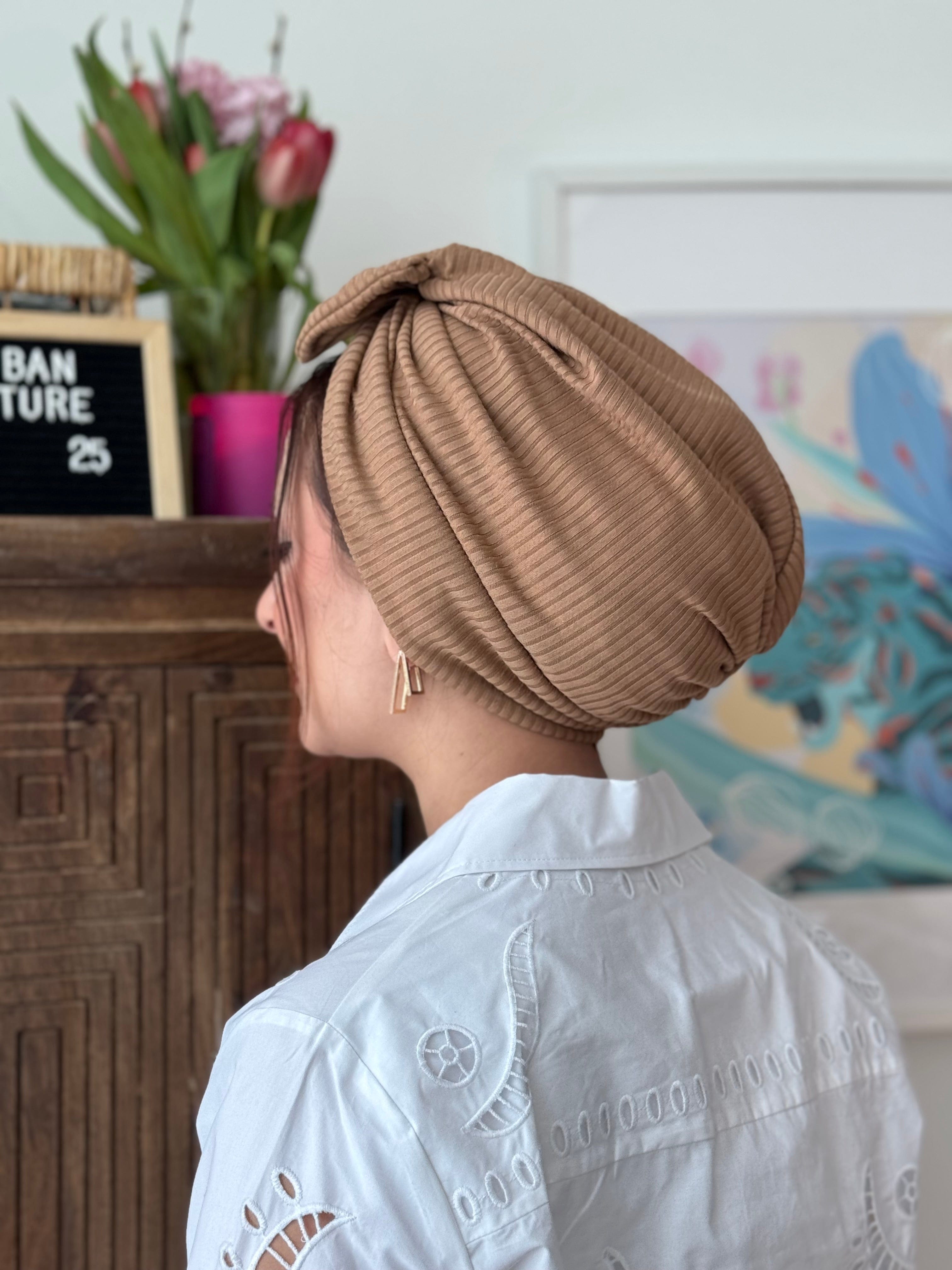 Beanie Bow Ribbed Jersey - Caramel - Turban Couture