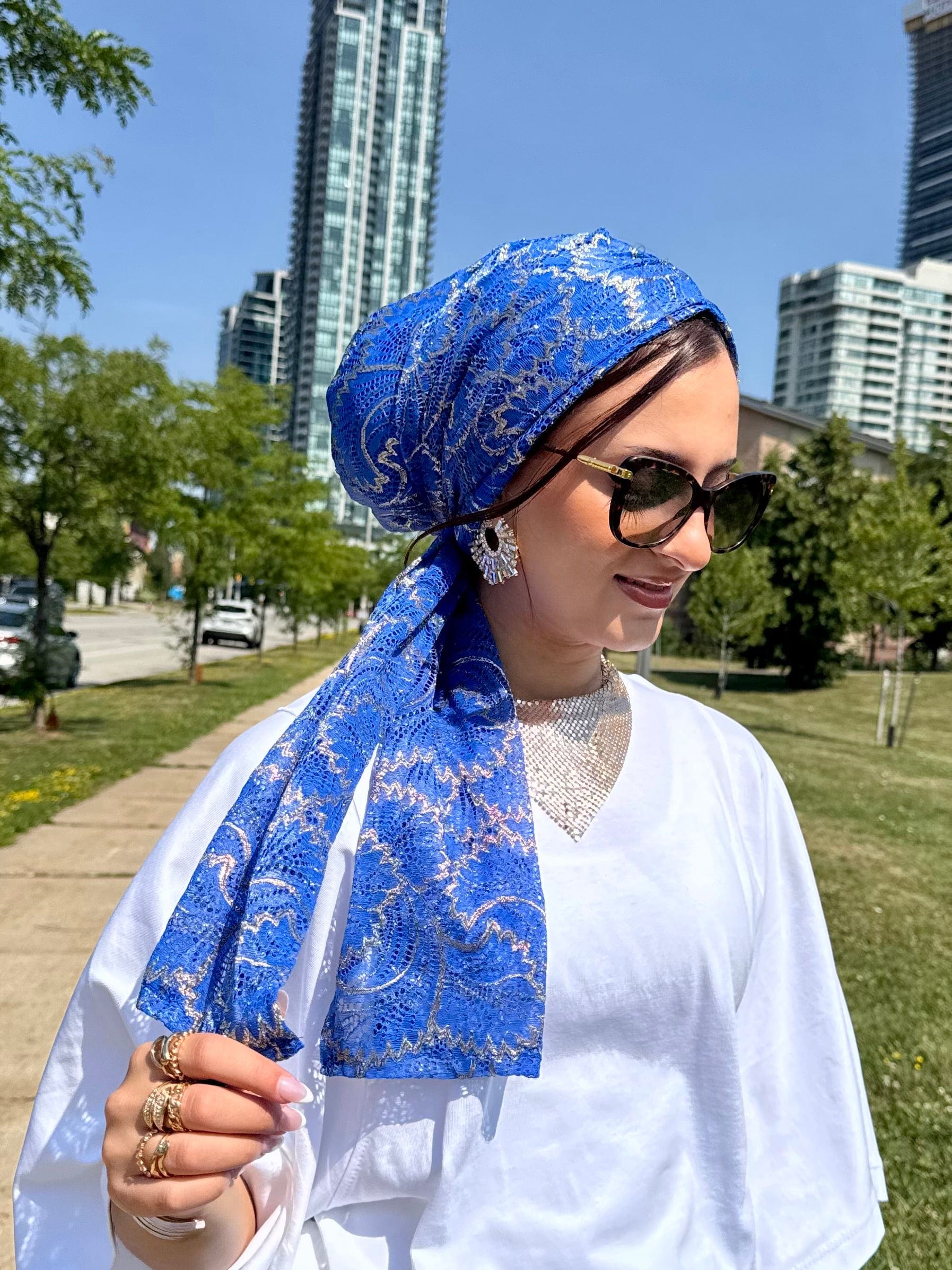Beanie Wrap Lace - Blue Gold - Turban Couture