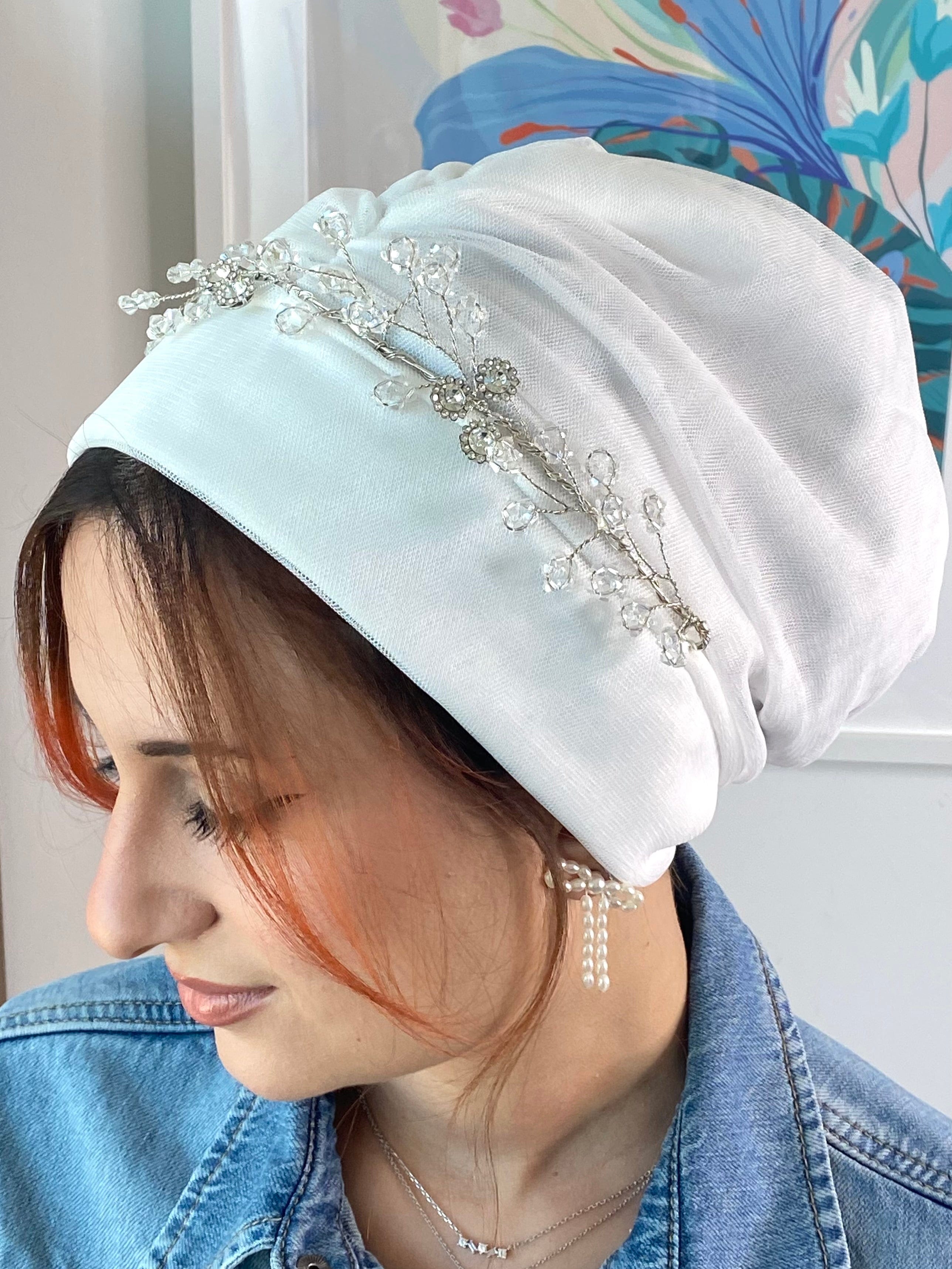 Beanie Tulle - Silver Crystal Stones - Turban Couture