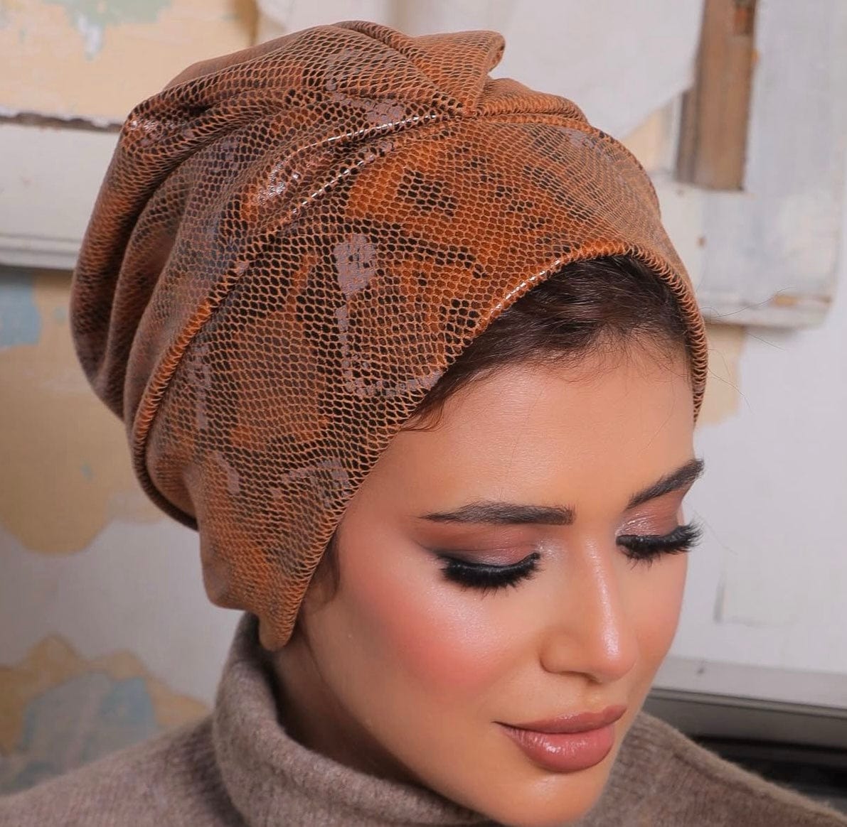 Beanie Snake Leather - Browns - Turban Couture