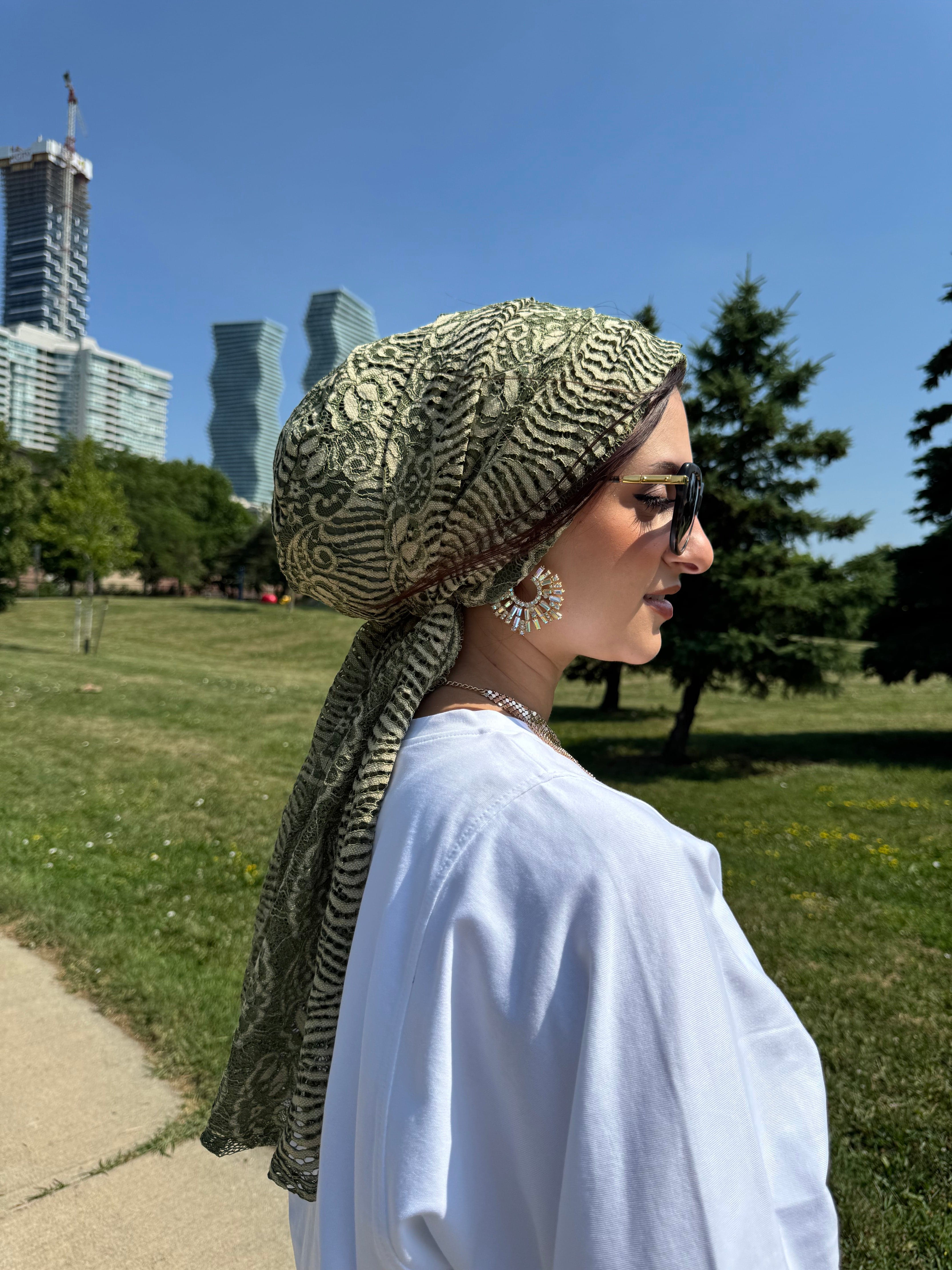 Beanie Wrap Lace - Green Nude - Turban Couture