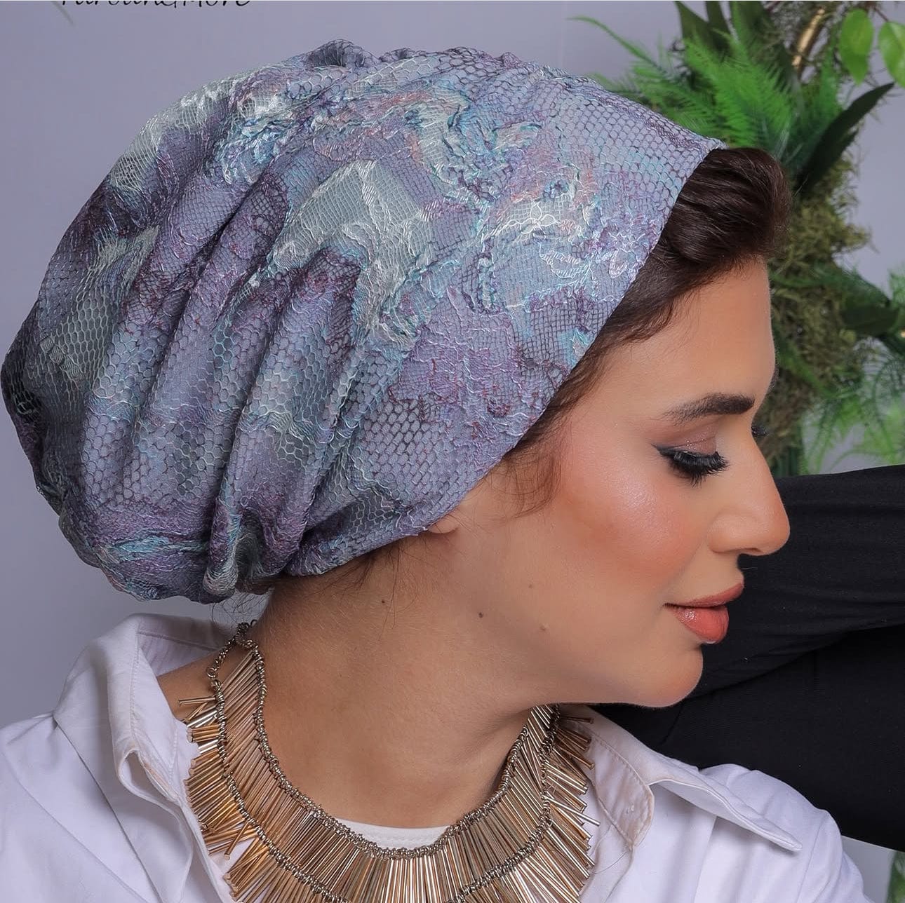Beanie Lace - Floral purple and Blue - Turban Couture
