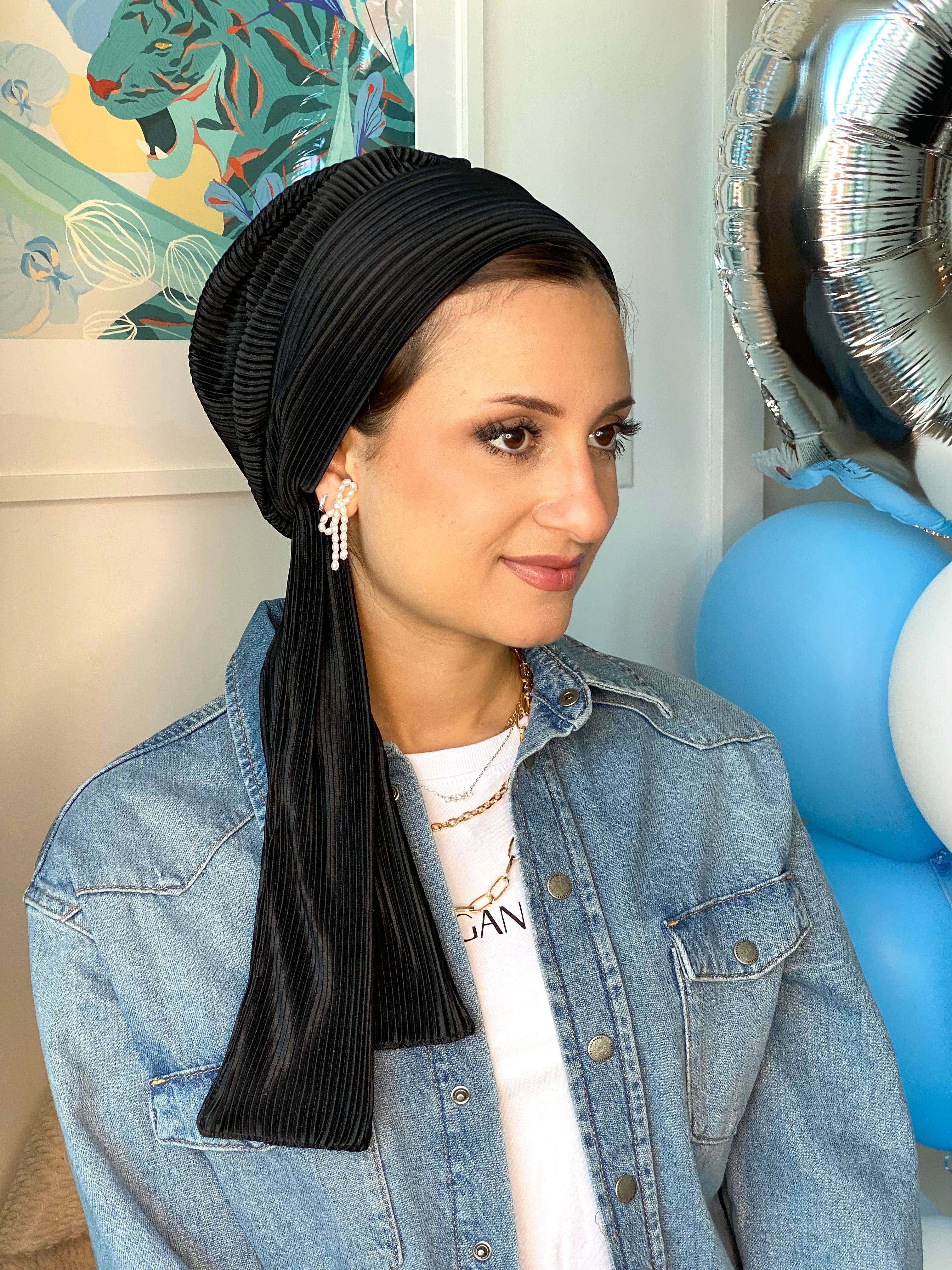 Beanie Pleated Wrap - Black - Turban Couture