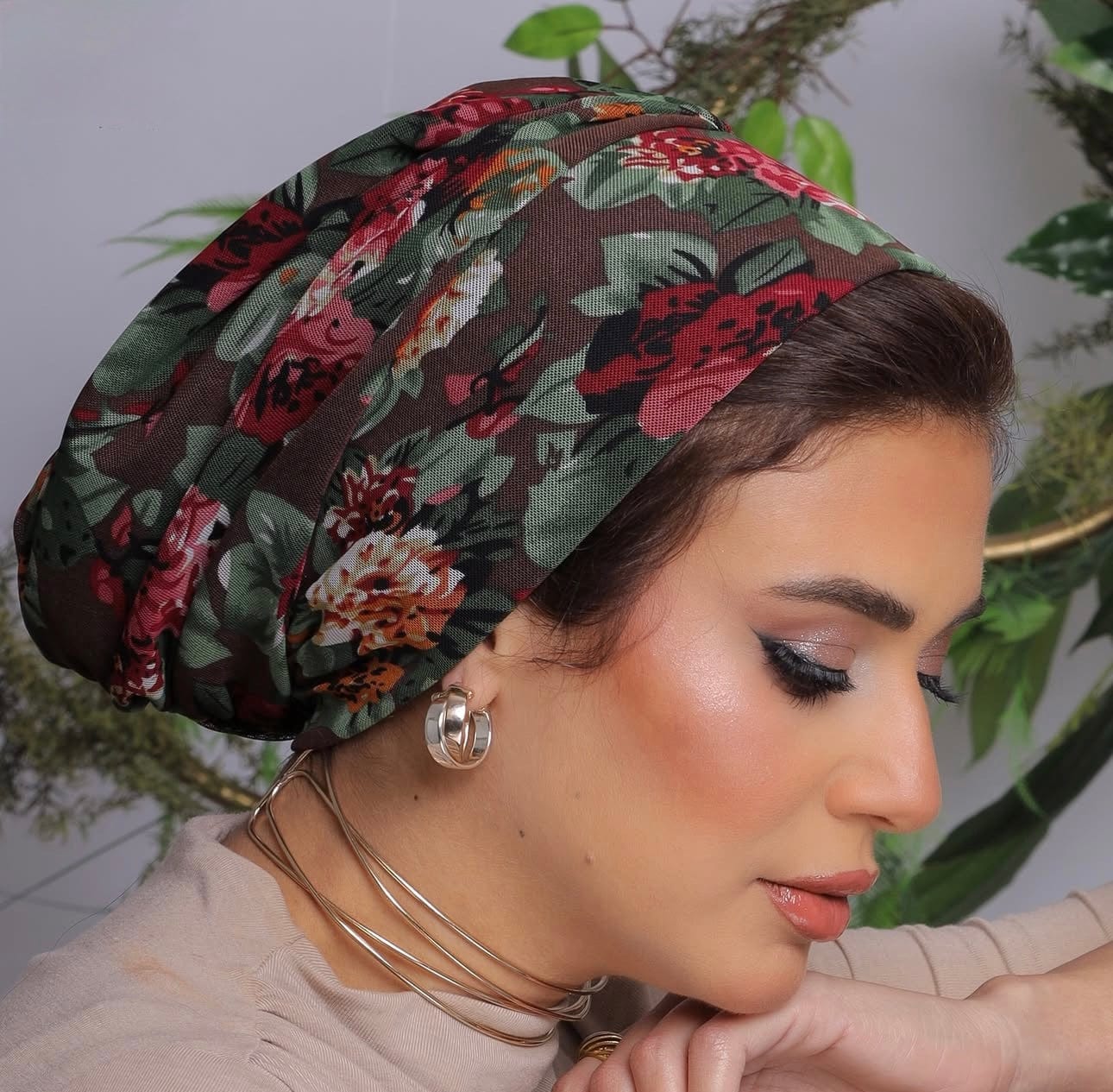 Beanie Tulle - Brown Red Flowers - Turban Couture