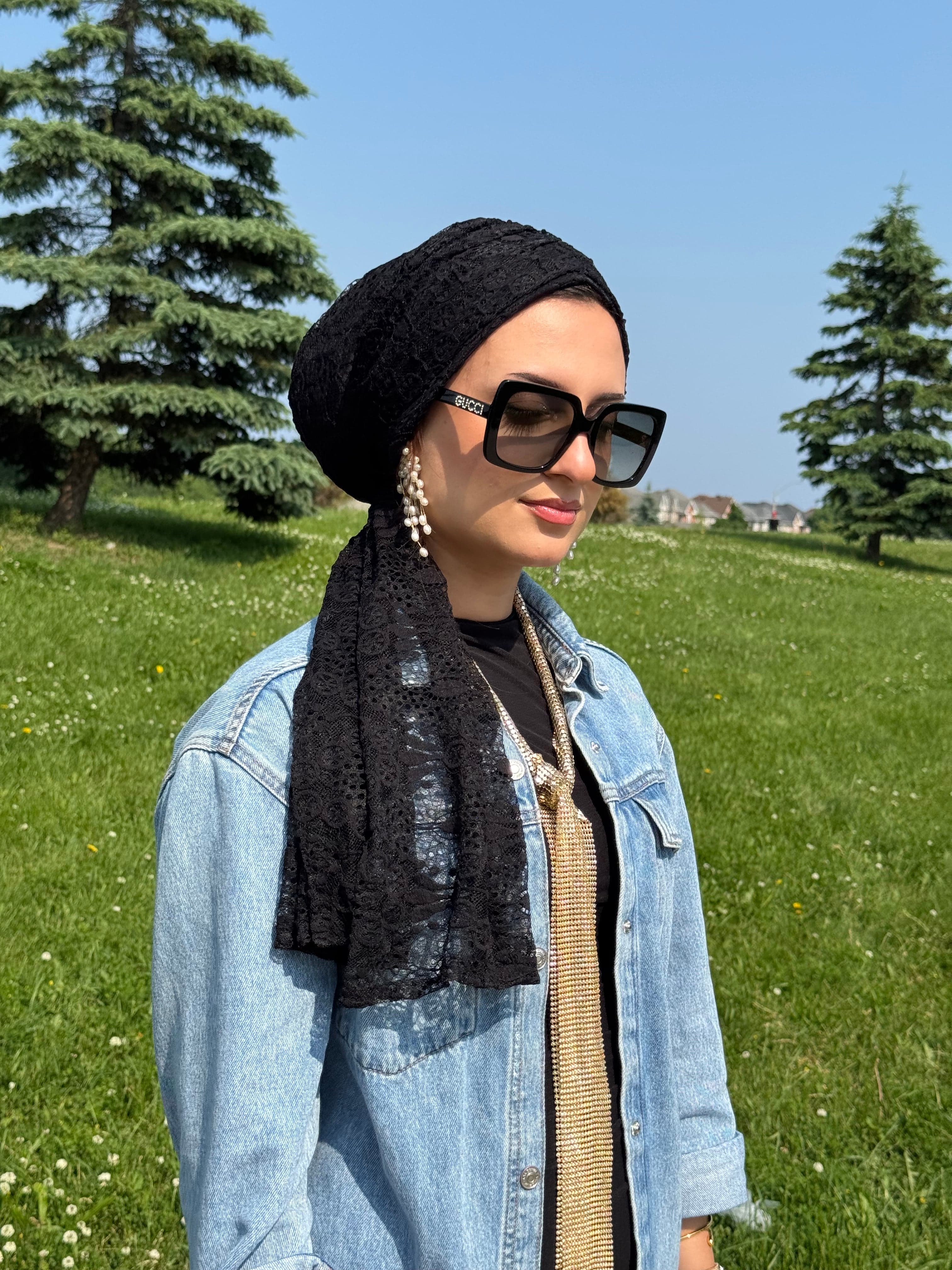 Beanie Wrap Lace - Black - Turban Couture