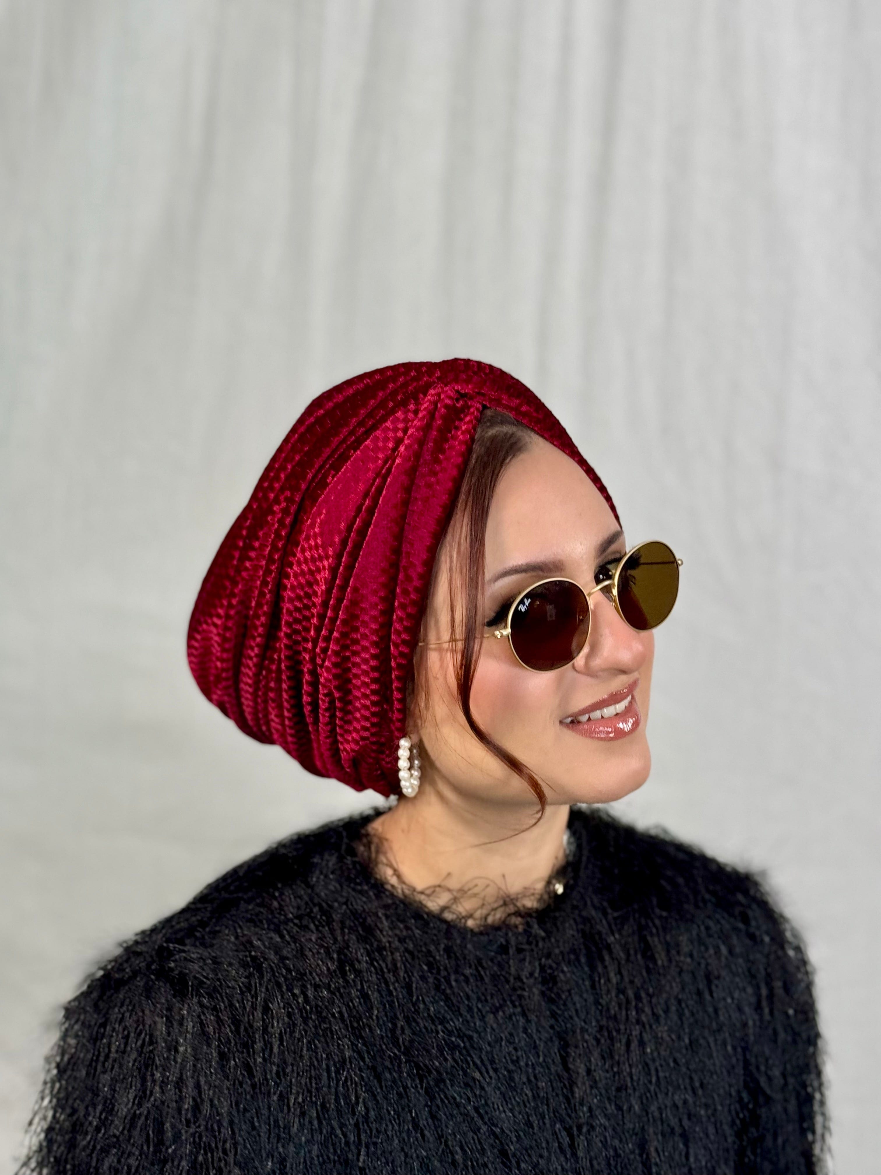 Beanie Velvet Cross Front - Burgundy - Turban Couture