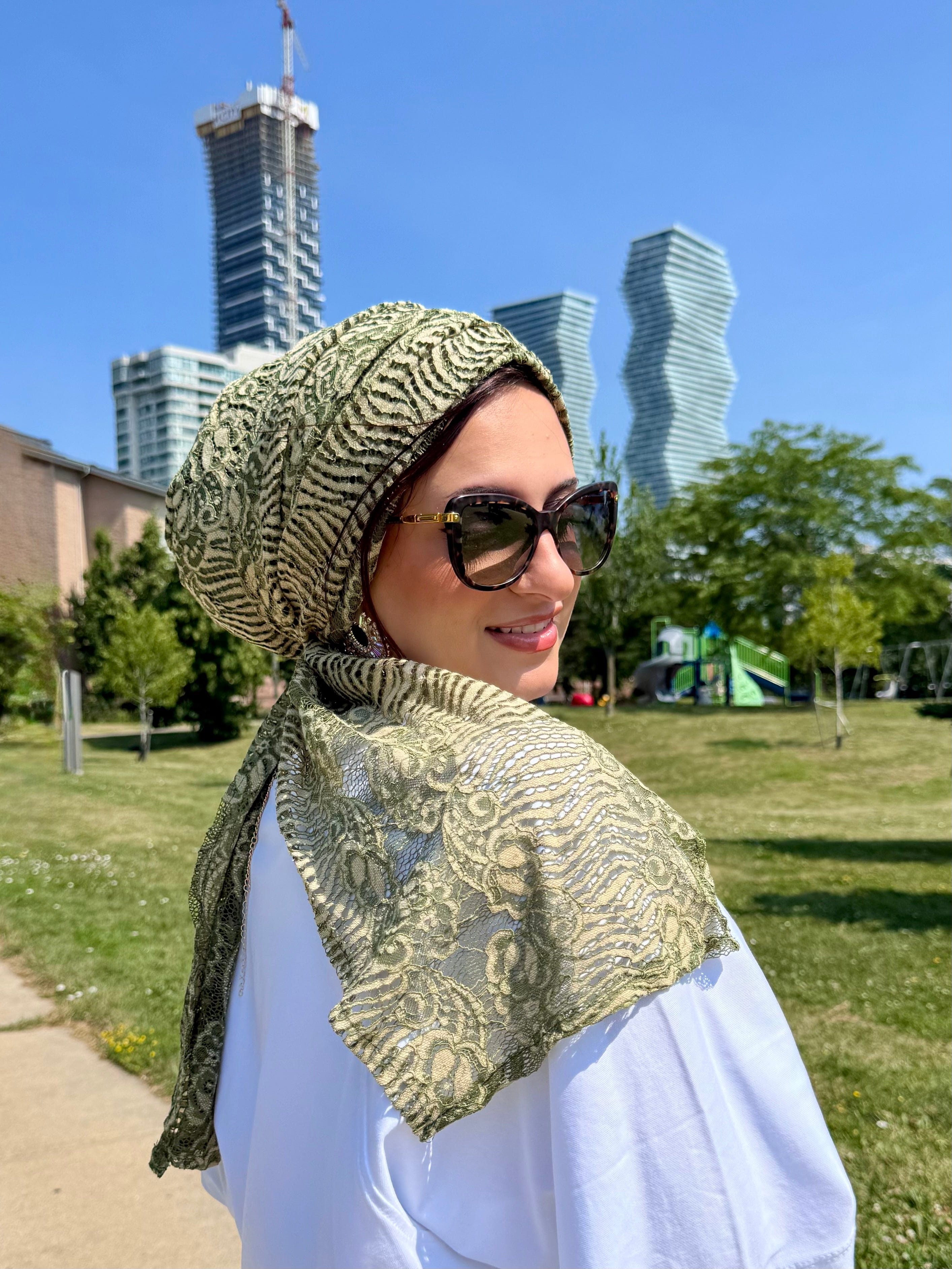 Beanie Wrap Lace - Green Nude - Turban Couture