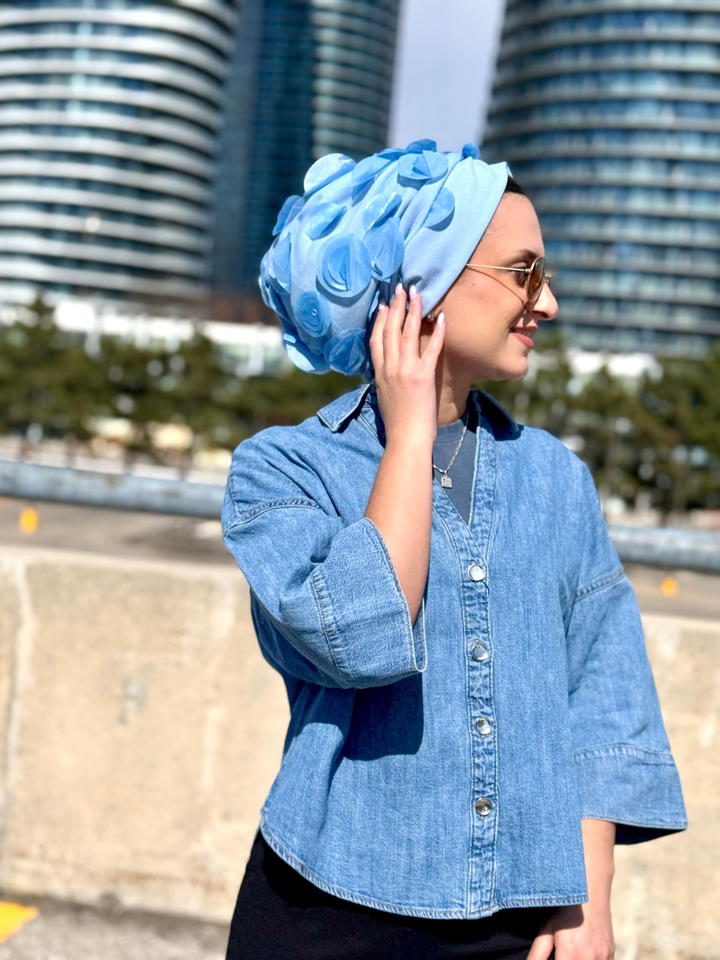 Beanie Tulle - Flowers Blue - Turban Couture