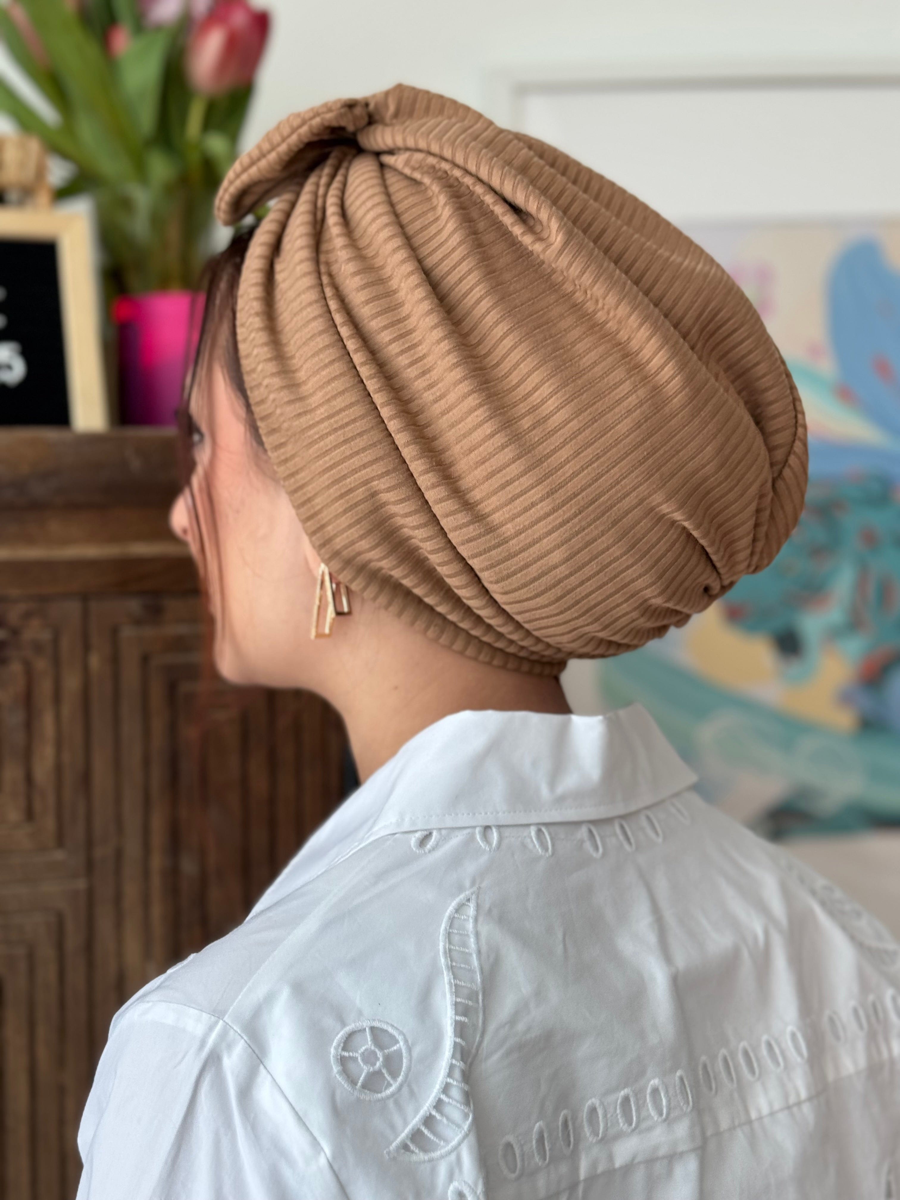 Beanie Bow Ribbed Jersey - Caramel - Turban Couture