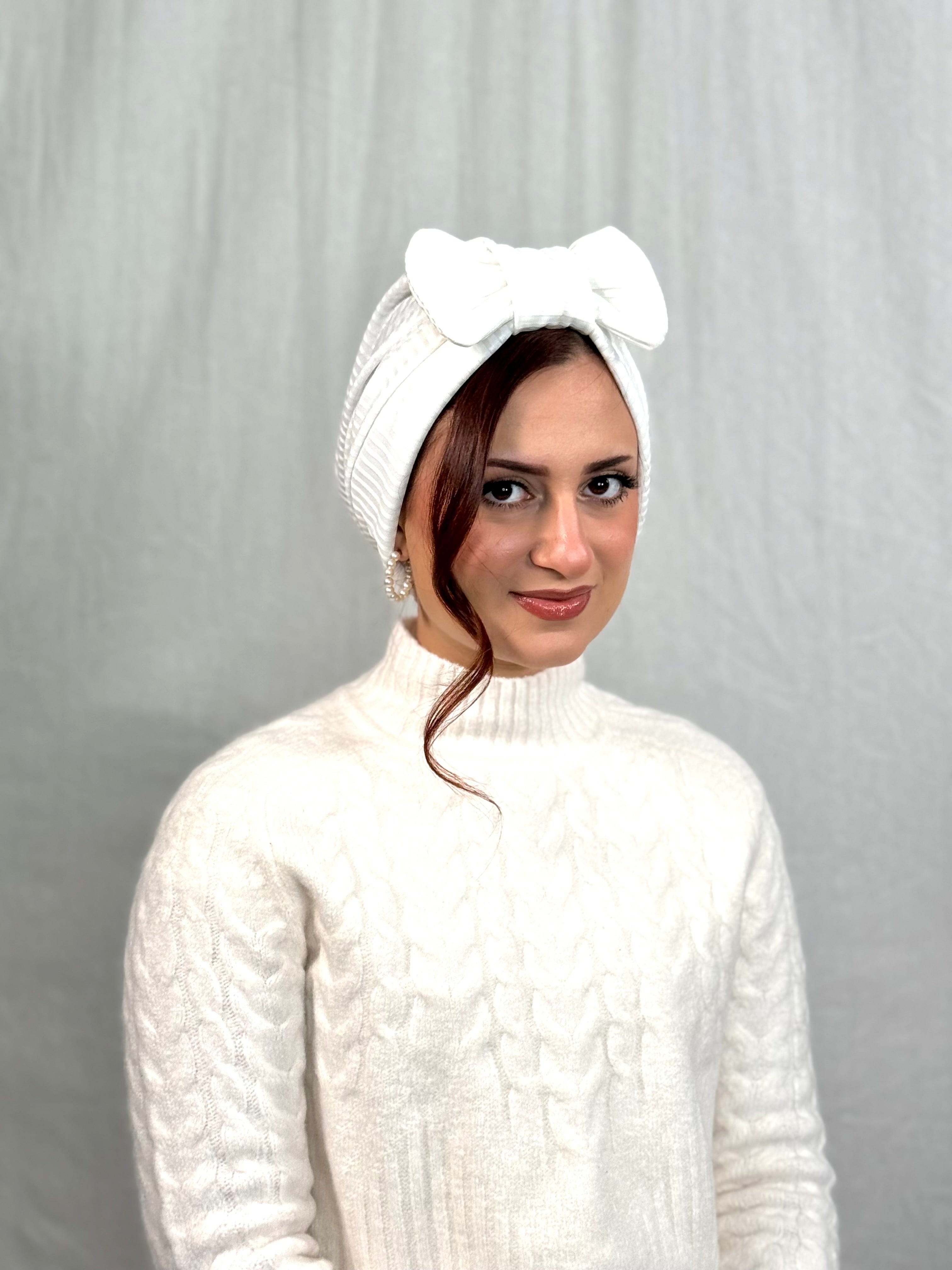 Beanie Bow Ribbed Jersey - White - Turban Couture
