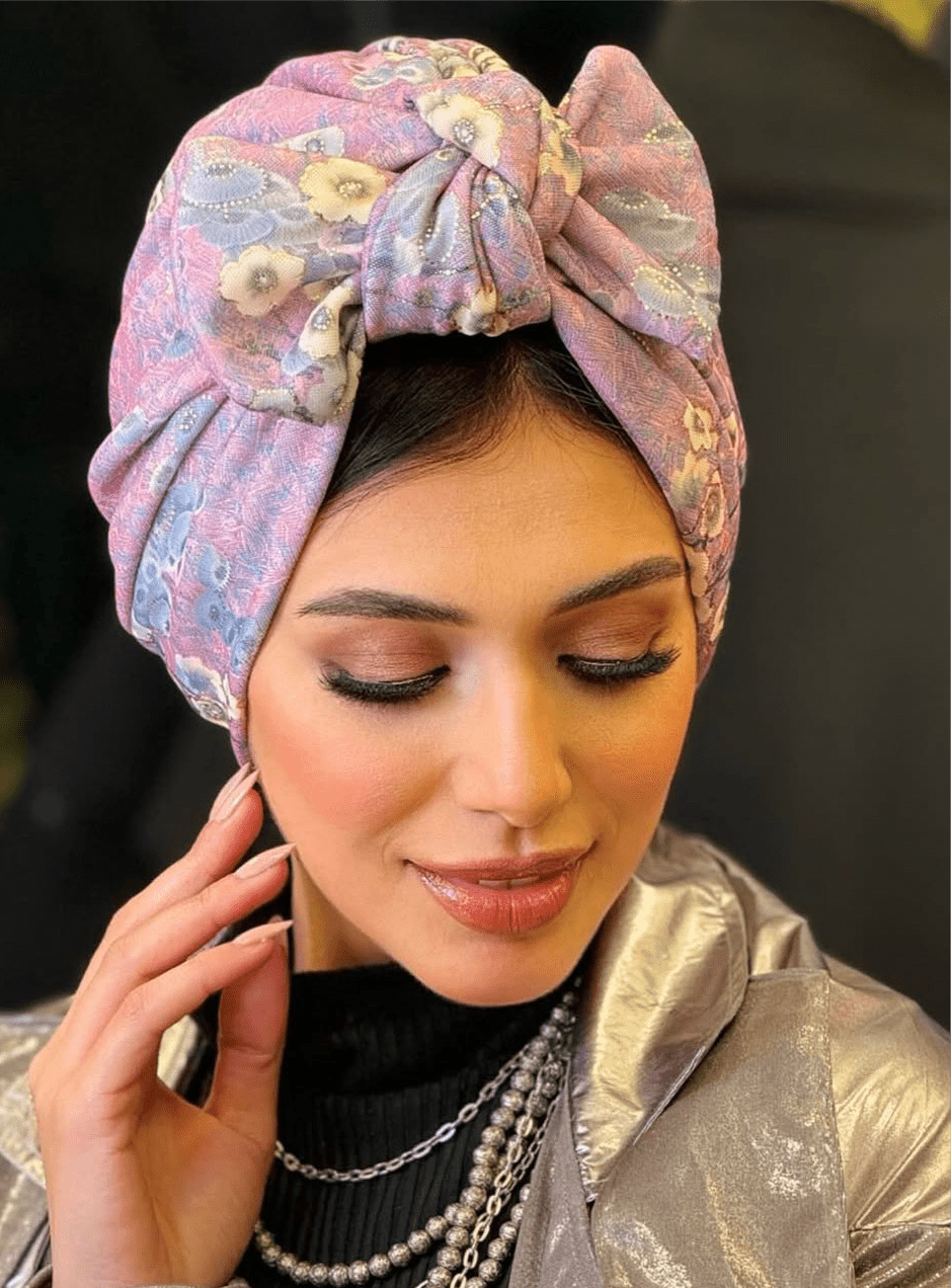 Beanie Bow Tulle - Floral White Silver lilac - Turban Couture