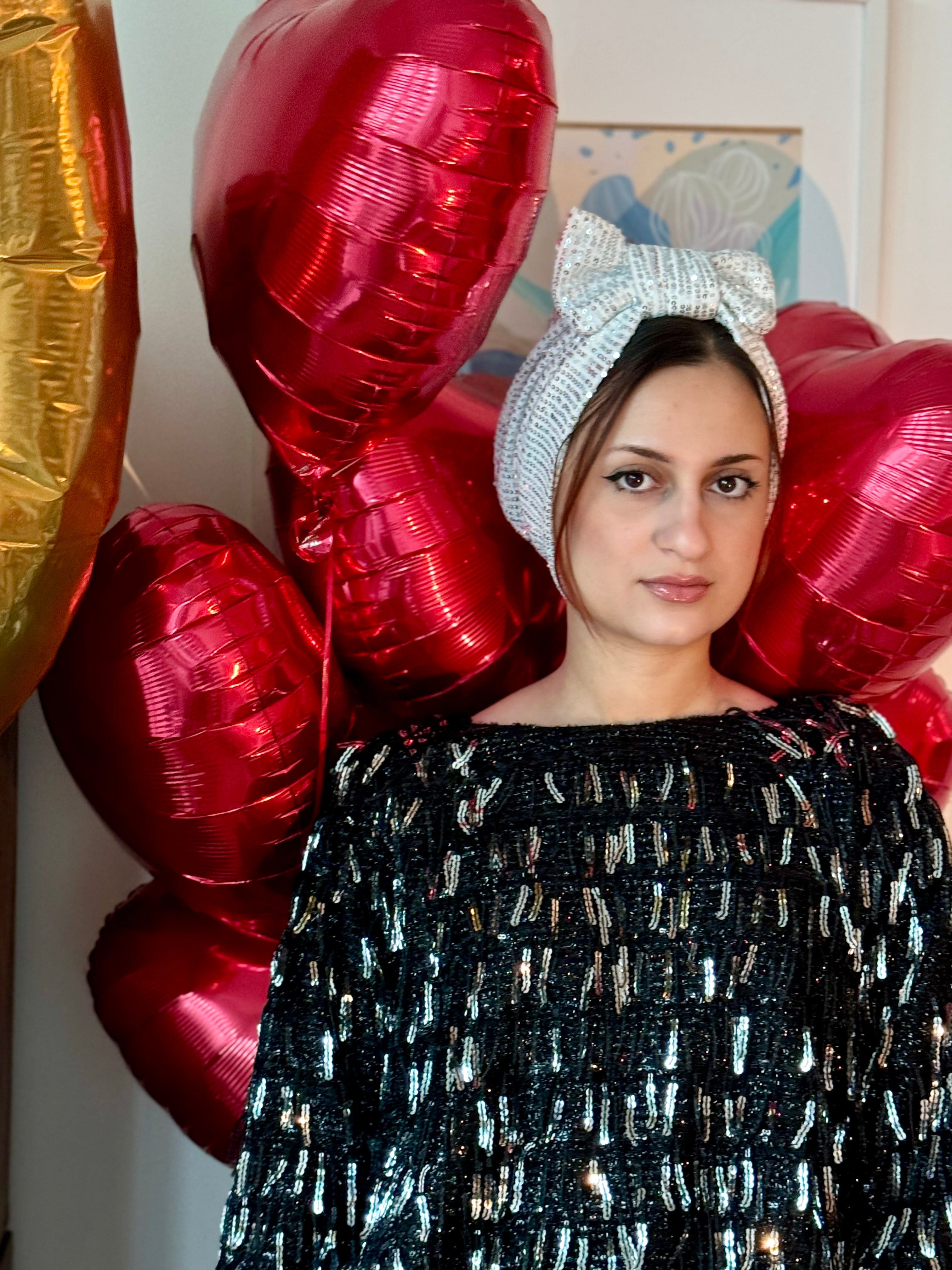 Beanie Bow Sequins Jersey -  White Silver