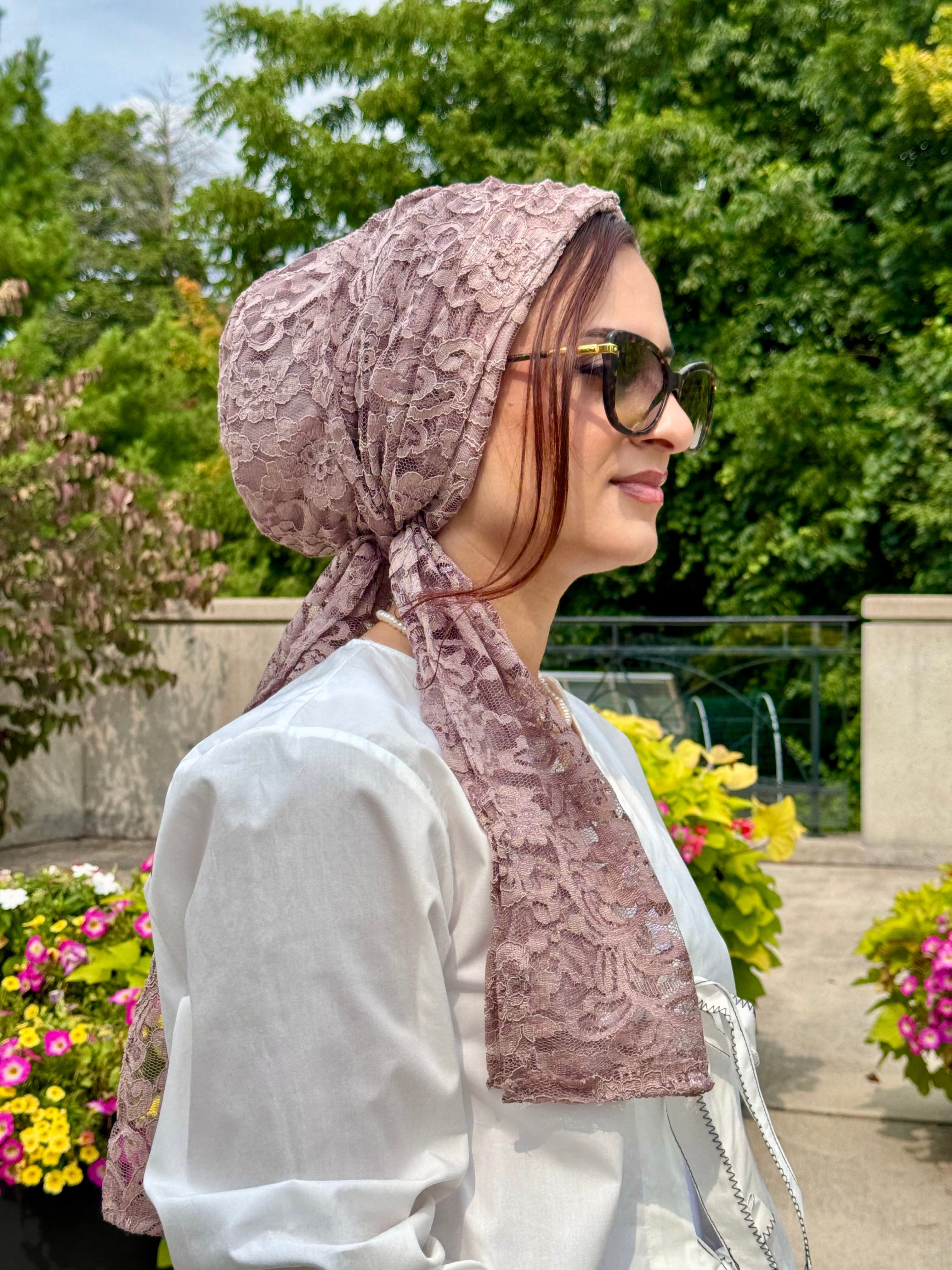 Beanie Wrap Lace - Nude Mauve - Turban Couture