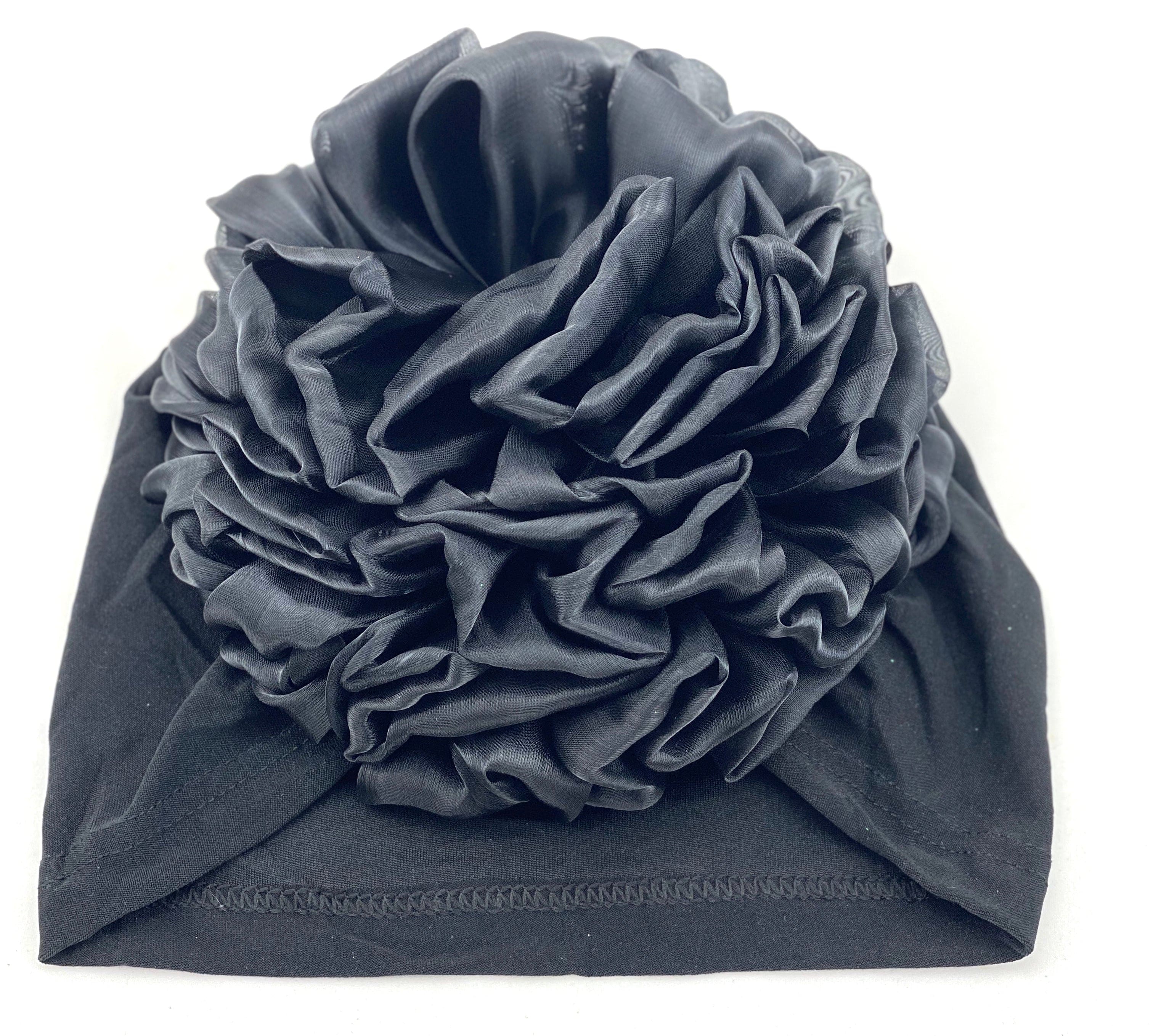 Volumizing Scrunchie Cap - Black Big Flower Volume in the back - Turban Couture