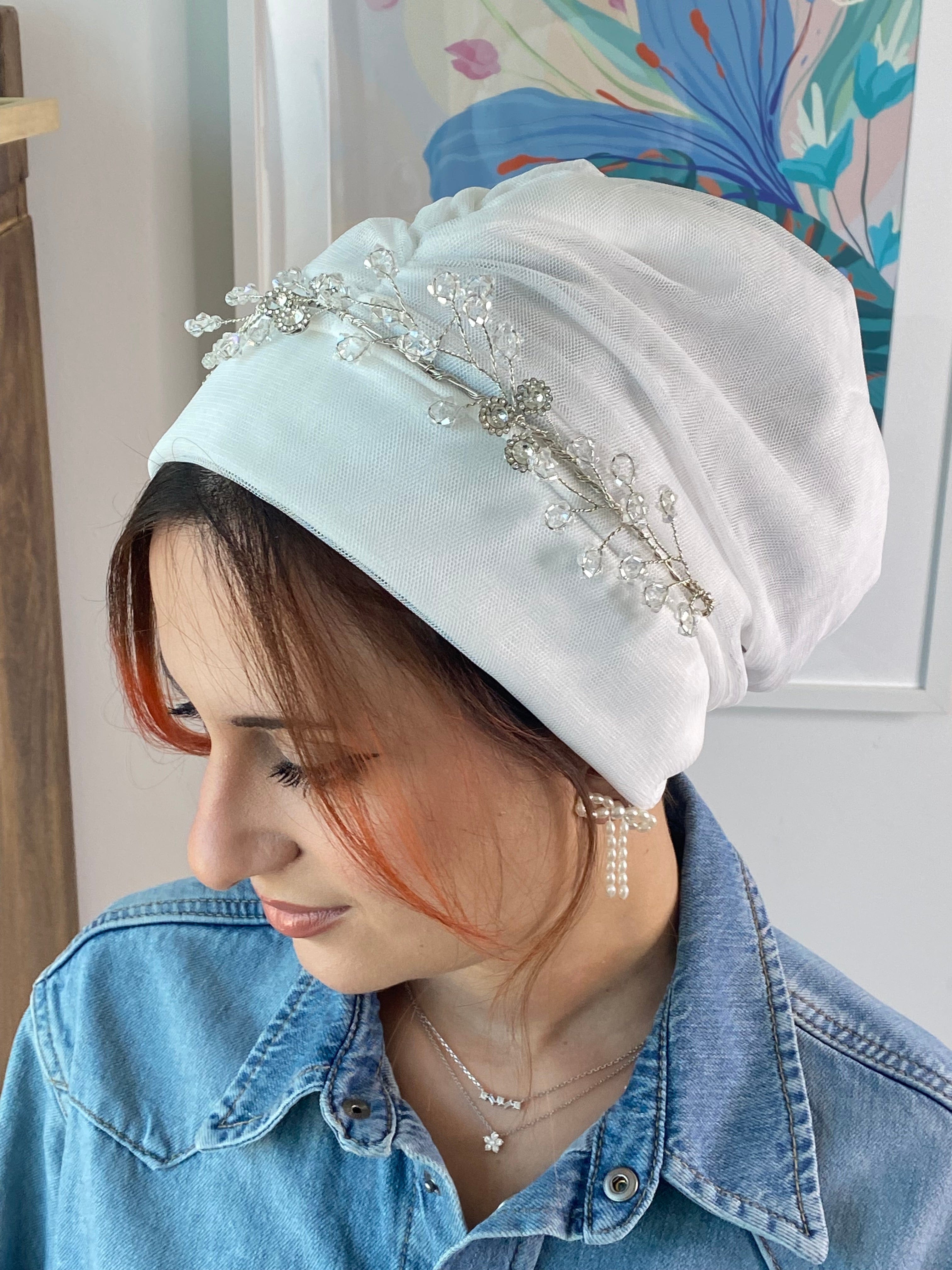 Beanie Tulle - Silver Crystal Stones - Turban Couture
