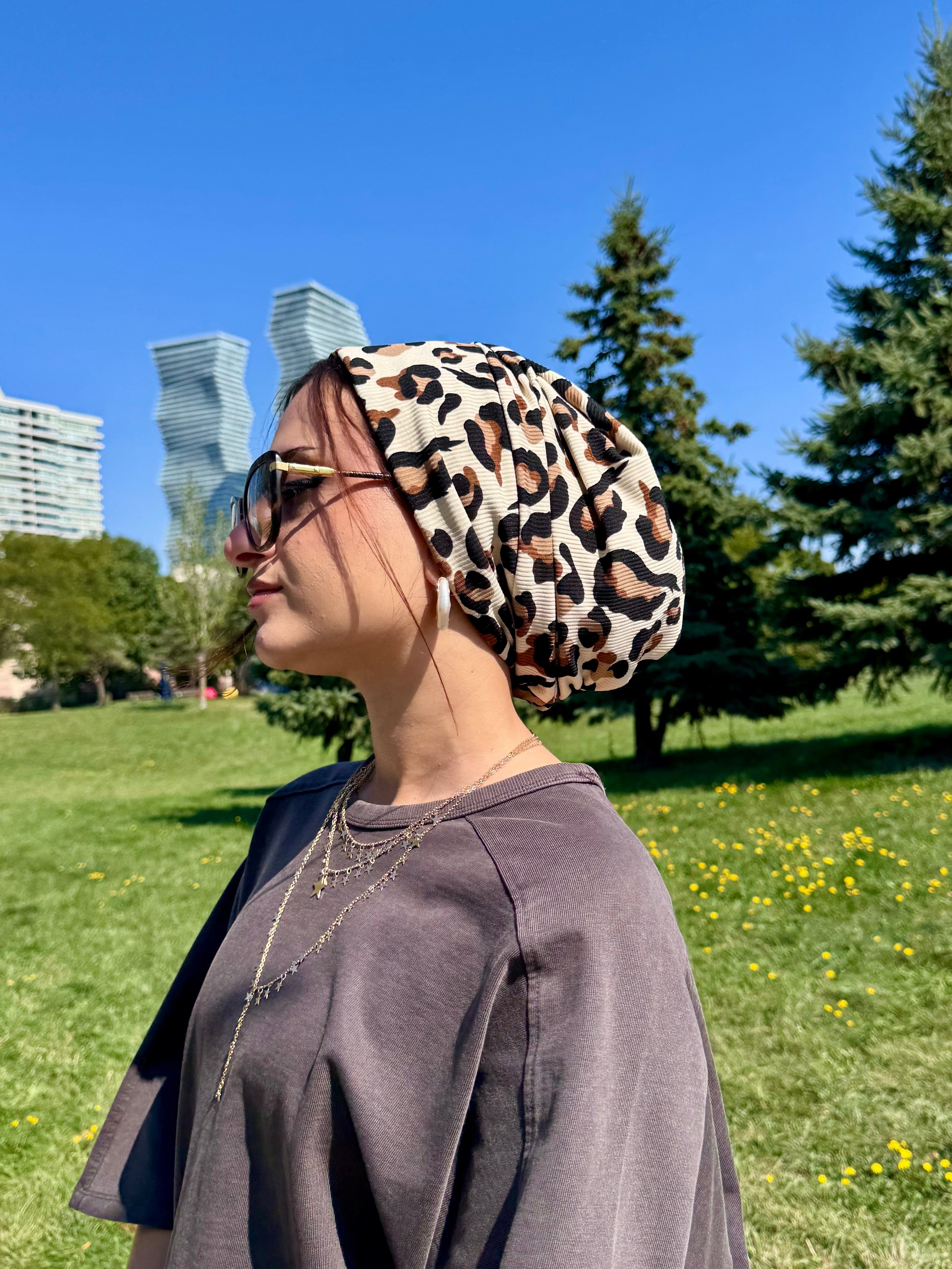 Beanie Ribbed Jersey - Printed Black Brown - Turban Couture