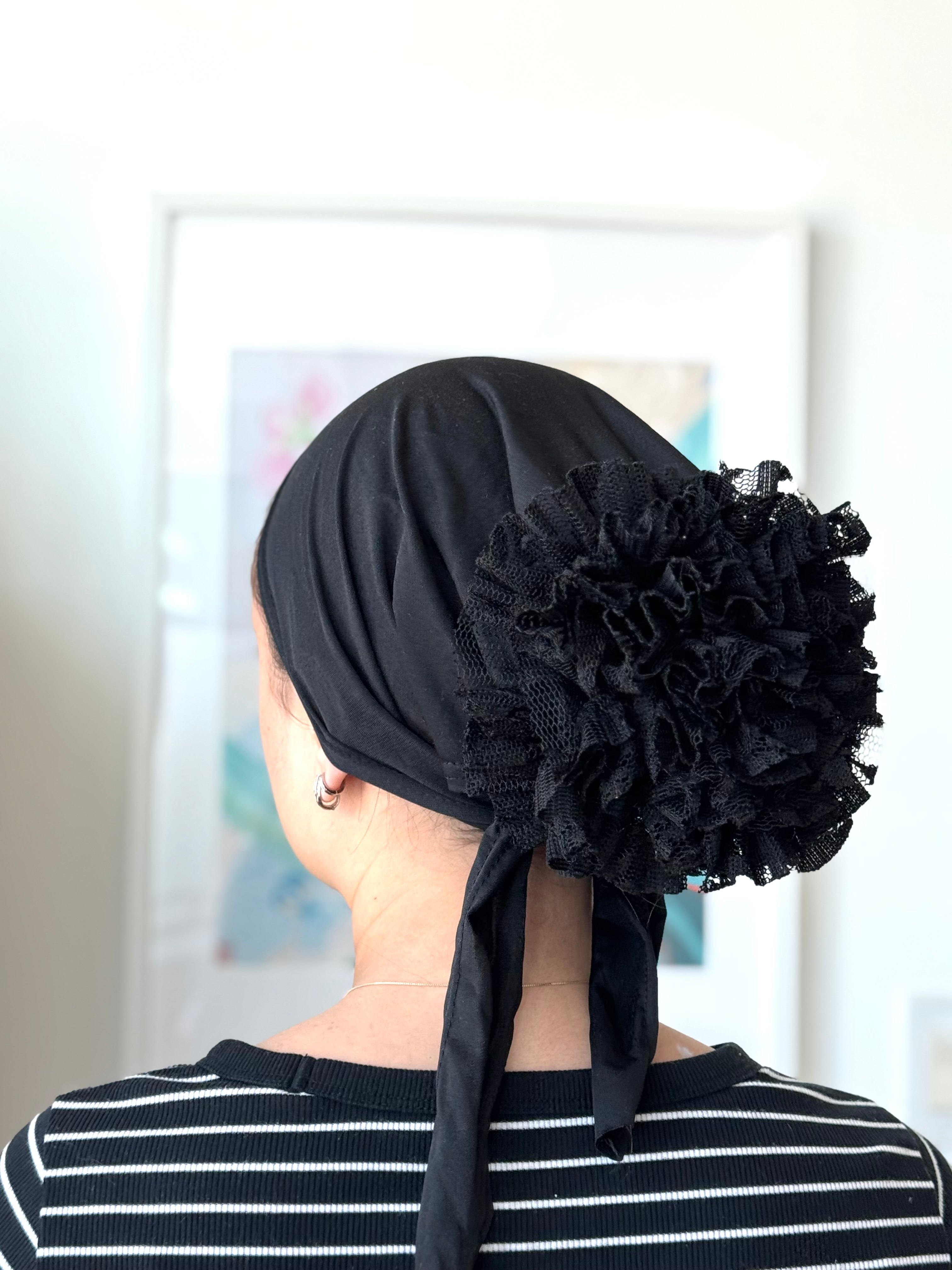 Volumizing Scrunchie Jersey Tulle Cap - Black