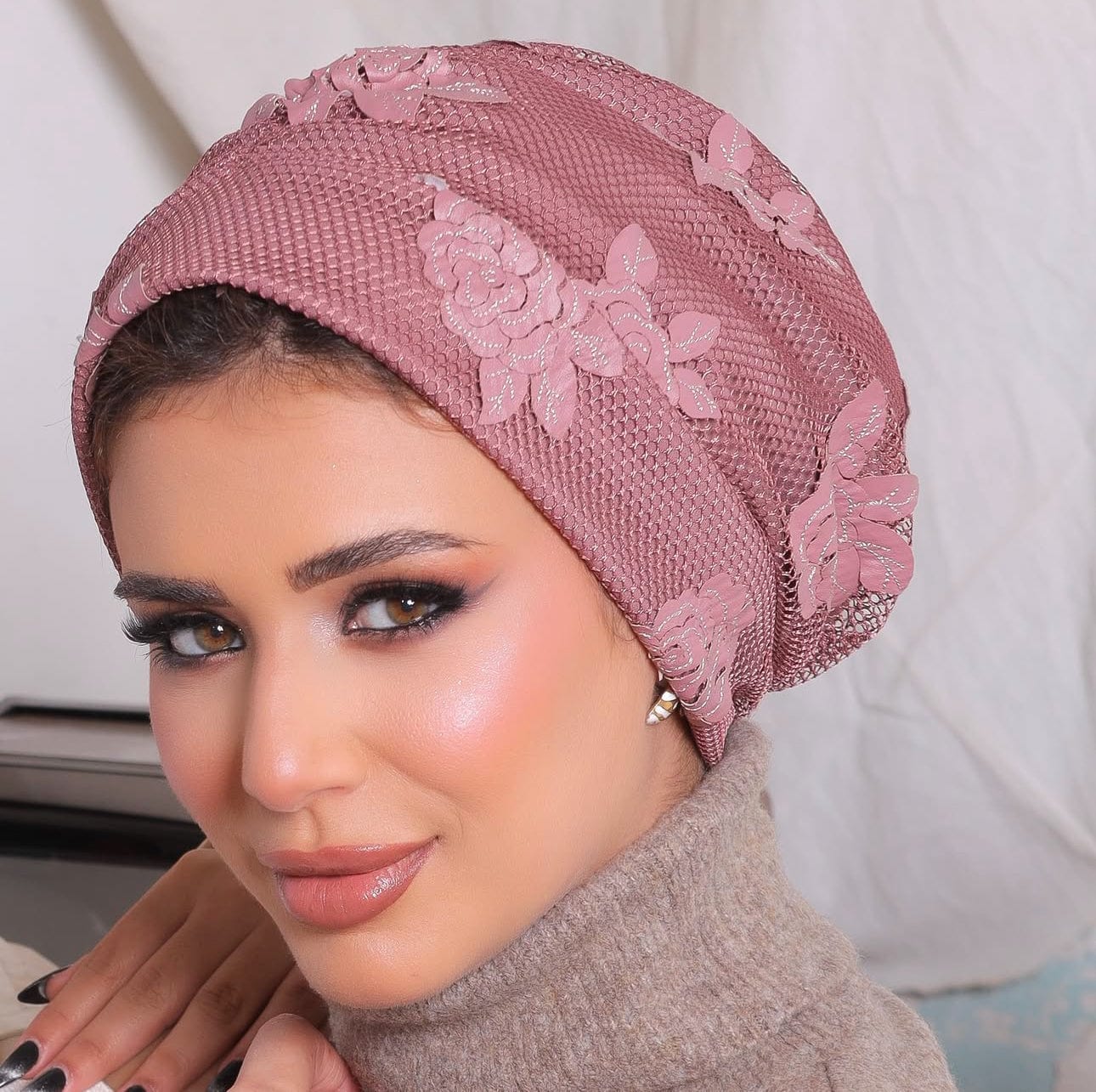 Beanie Floral Leather Knit - Rose - Turban Couture