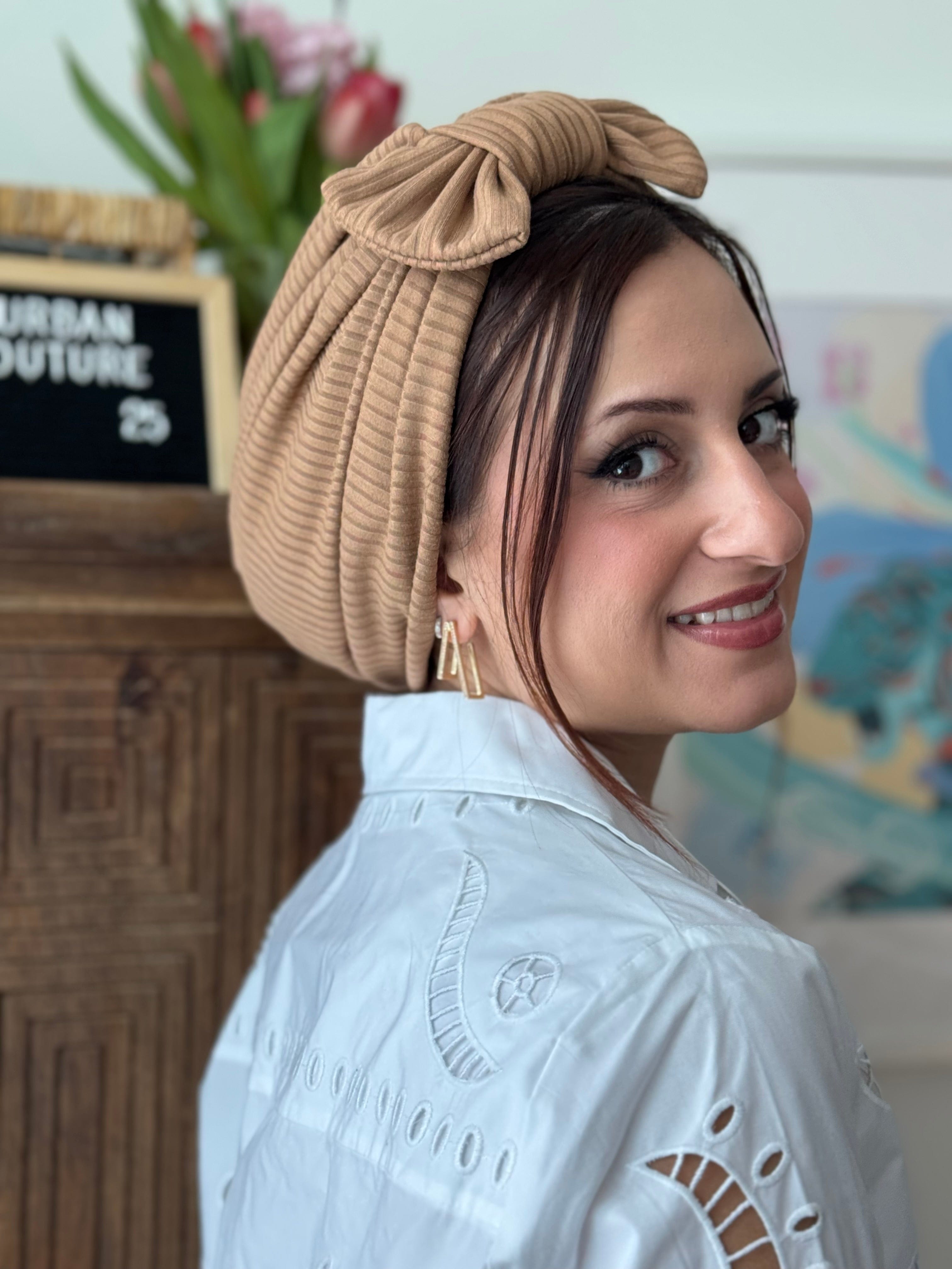 Beanie Bow Ribbed Jersey - Caramel - Turban Couture