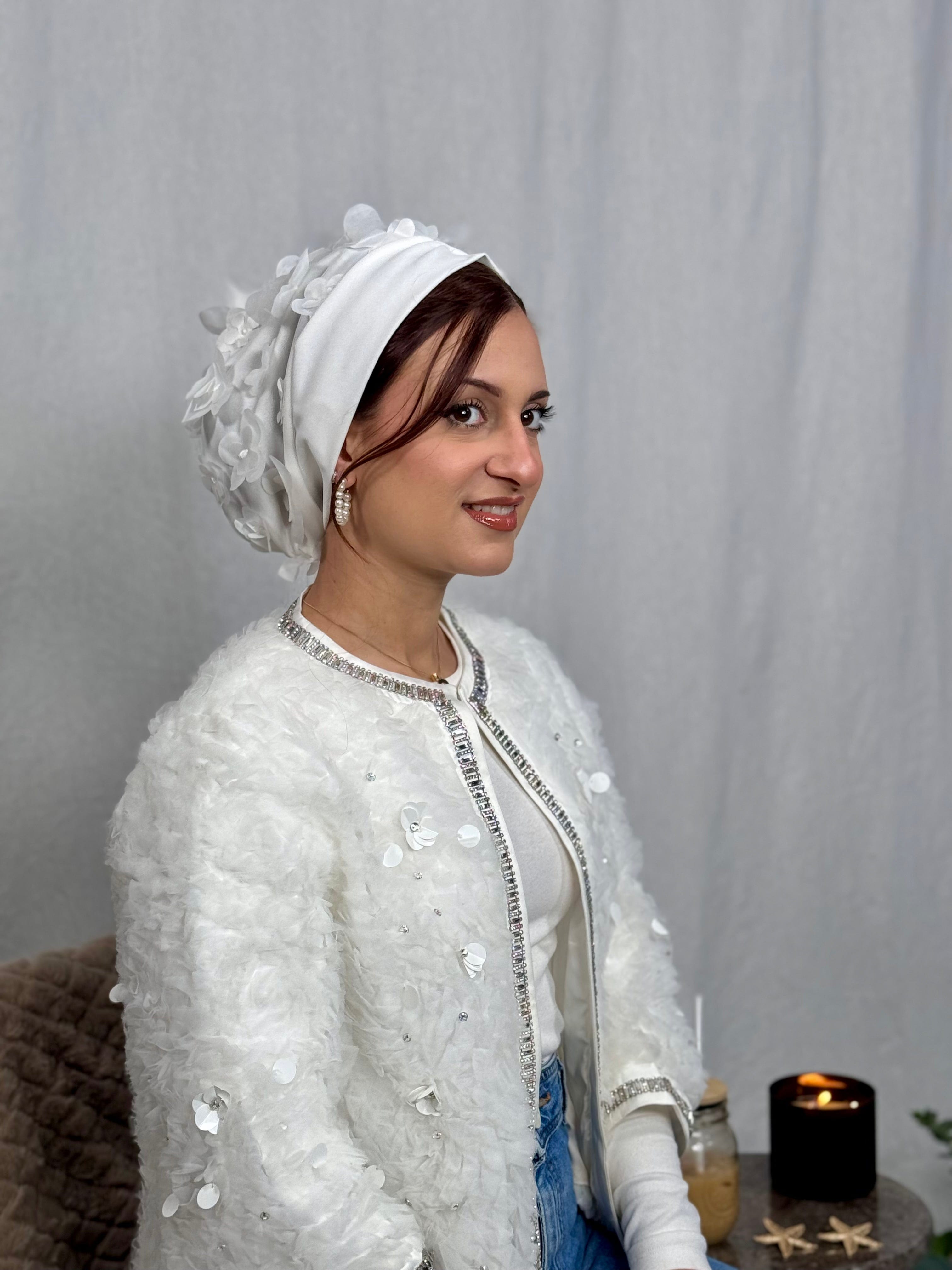 Beanie Tulle - Off White Flowers - Turban Couture