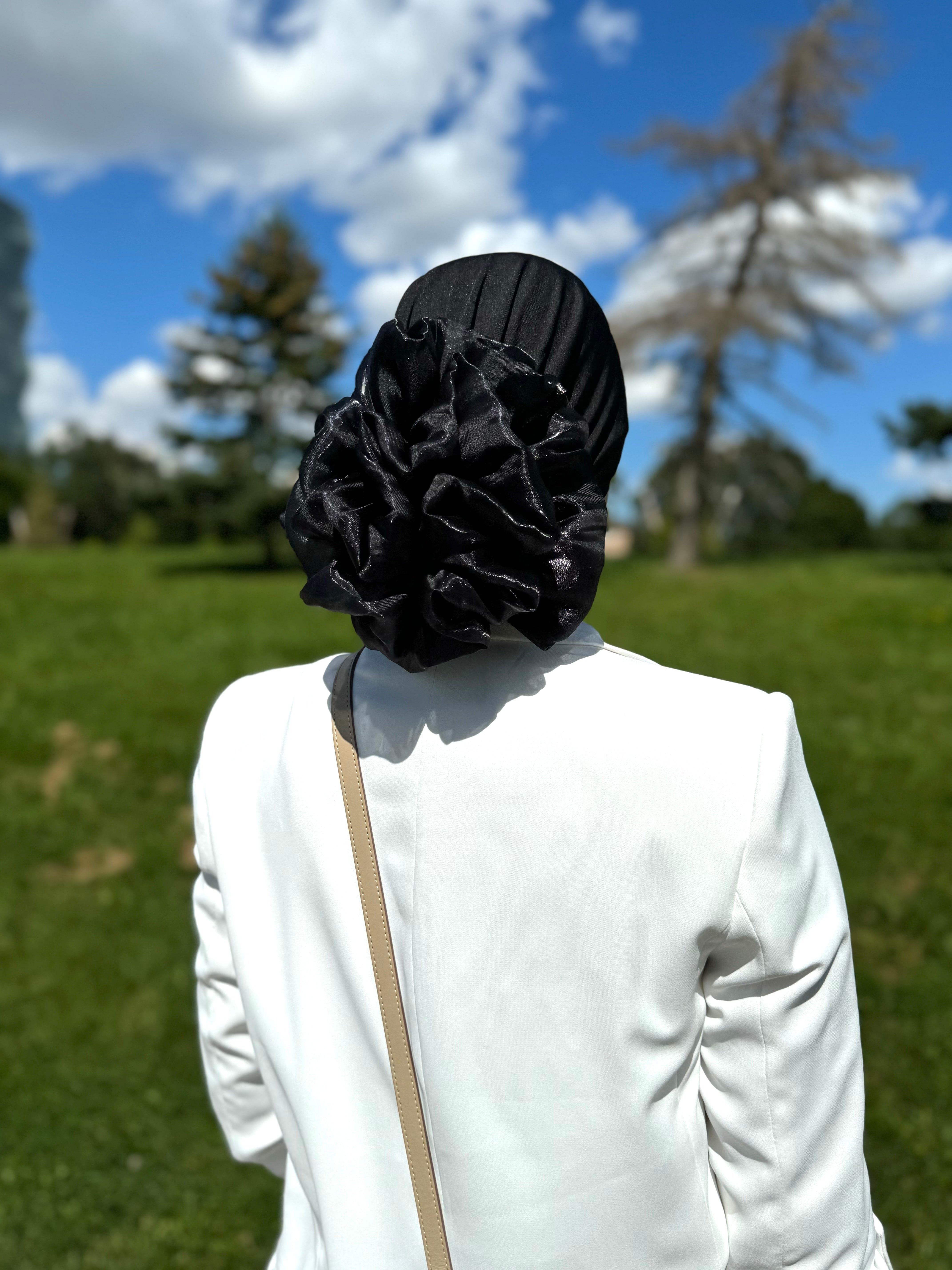 Volumizing Scrunchie Cap - Black Big Flower Volume in the back - Turban Couture