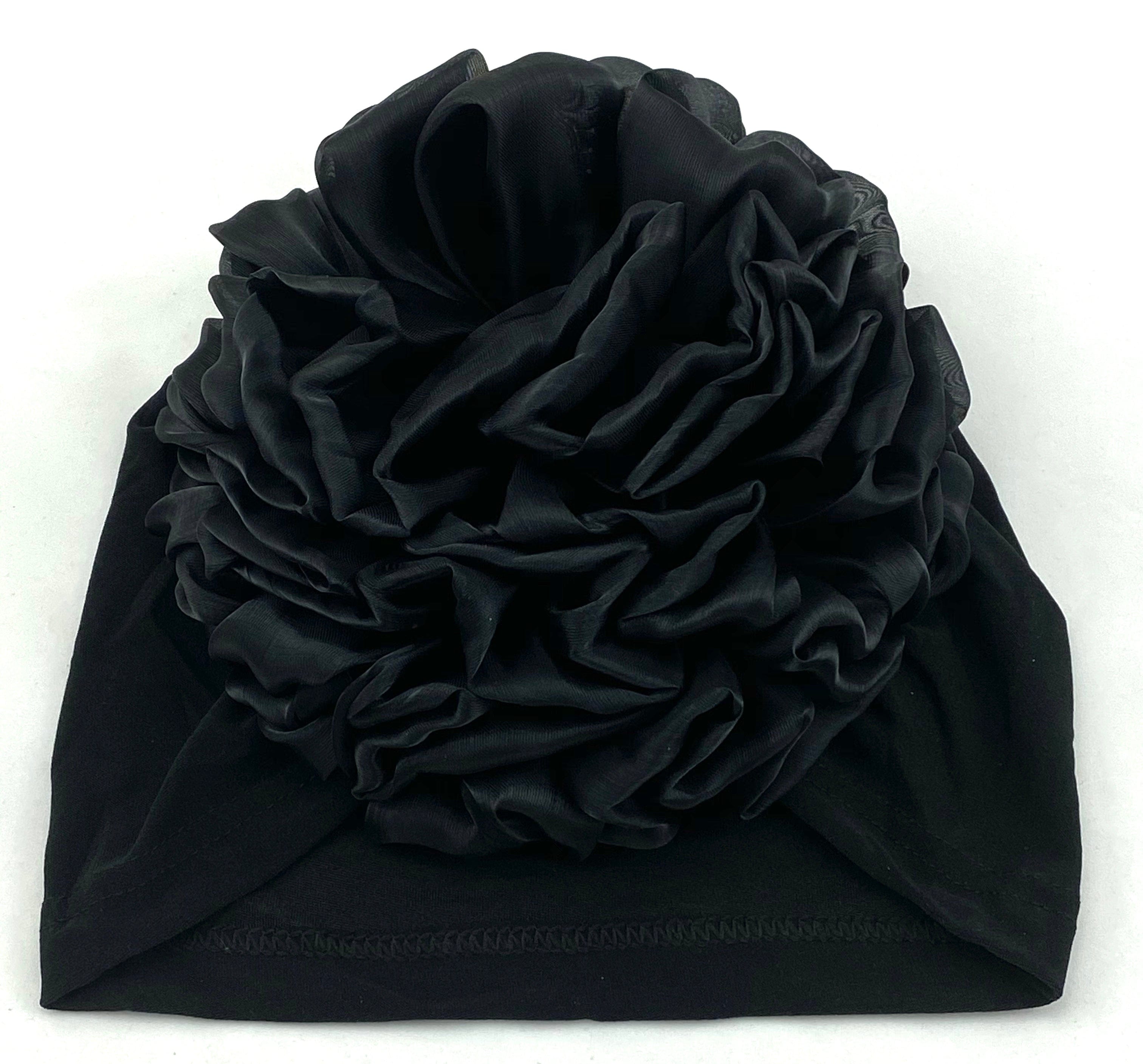 Volumizing Scrunchie Cap - Black Big Flower Volume in the back - Turban Couture