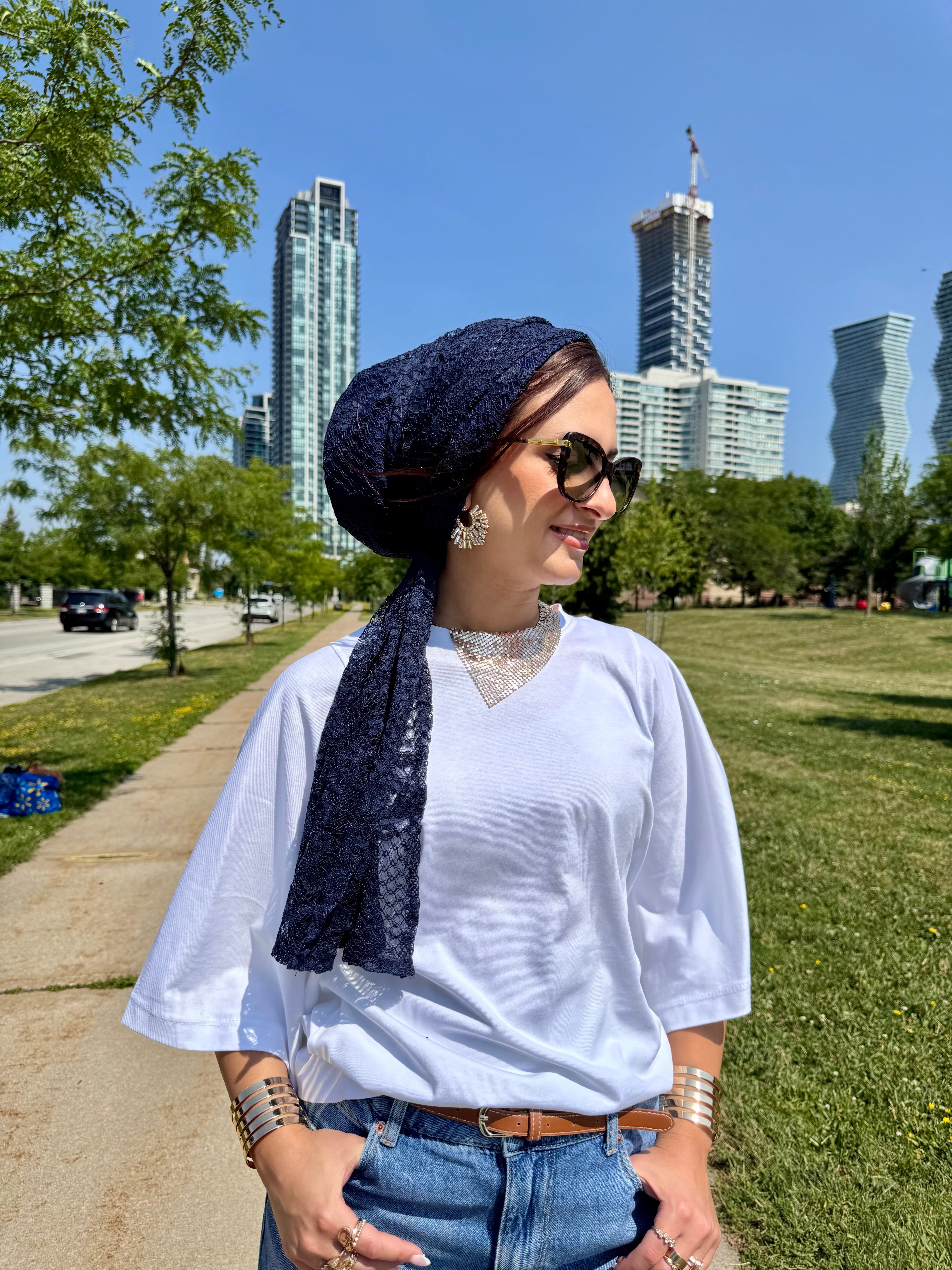 Beanie Wrap Lace - Navy - Turban Couture
