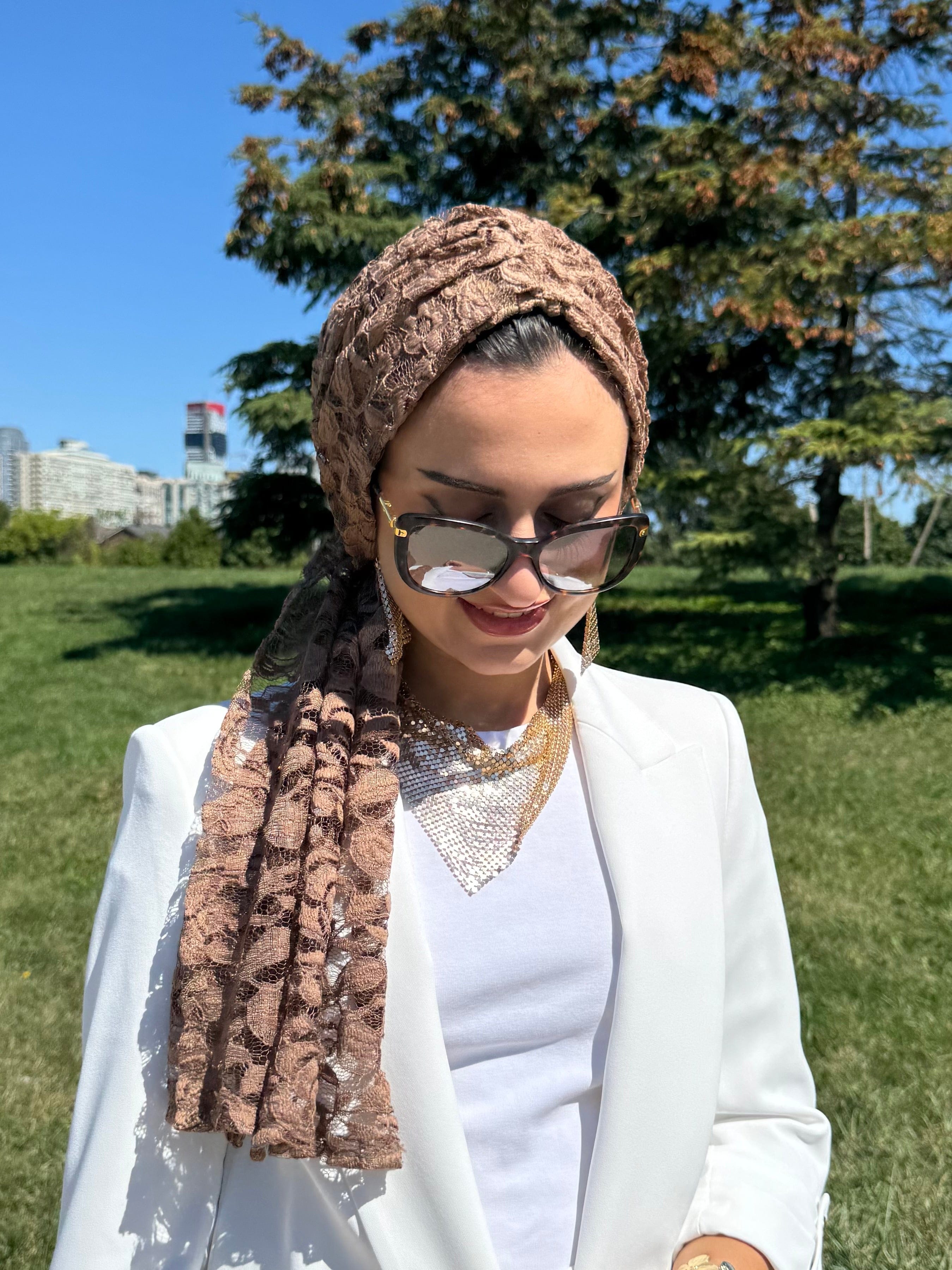 Beanie Wrap Lace - Brown - Turban Couture