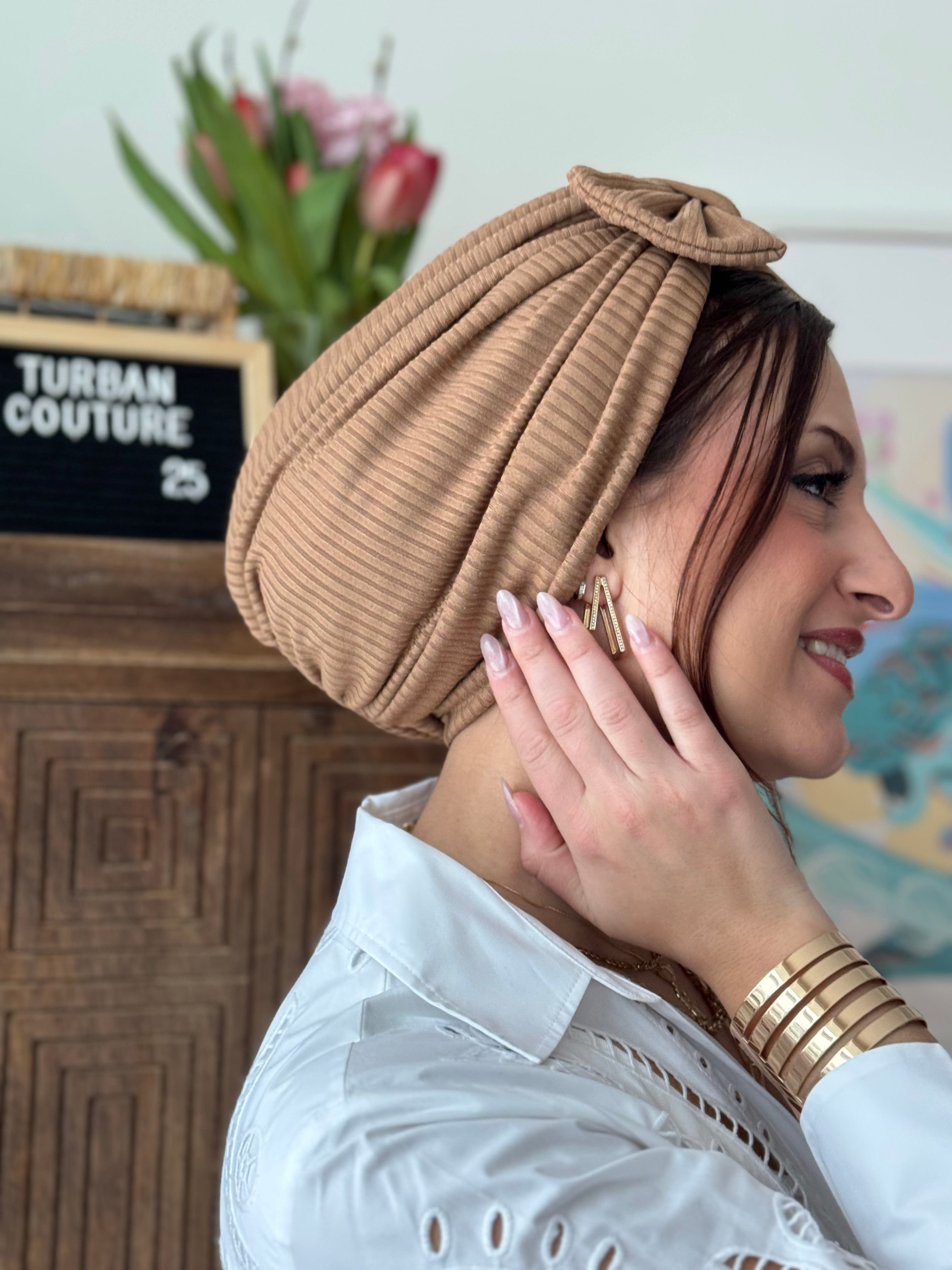 Beanie Bow Ribbed Jersey - Caramel - Turban Couture