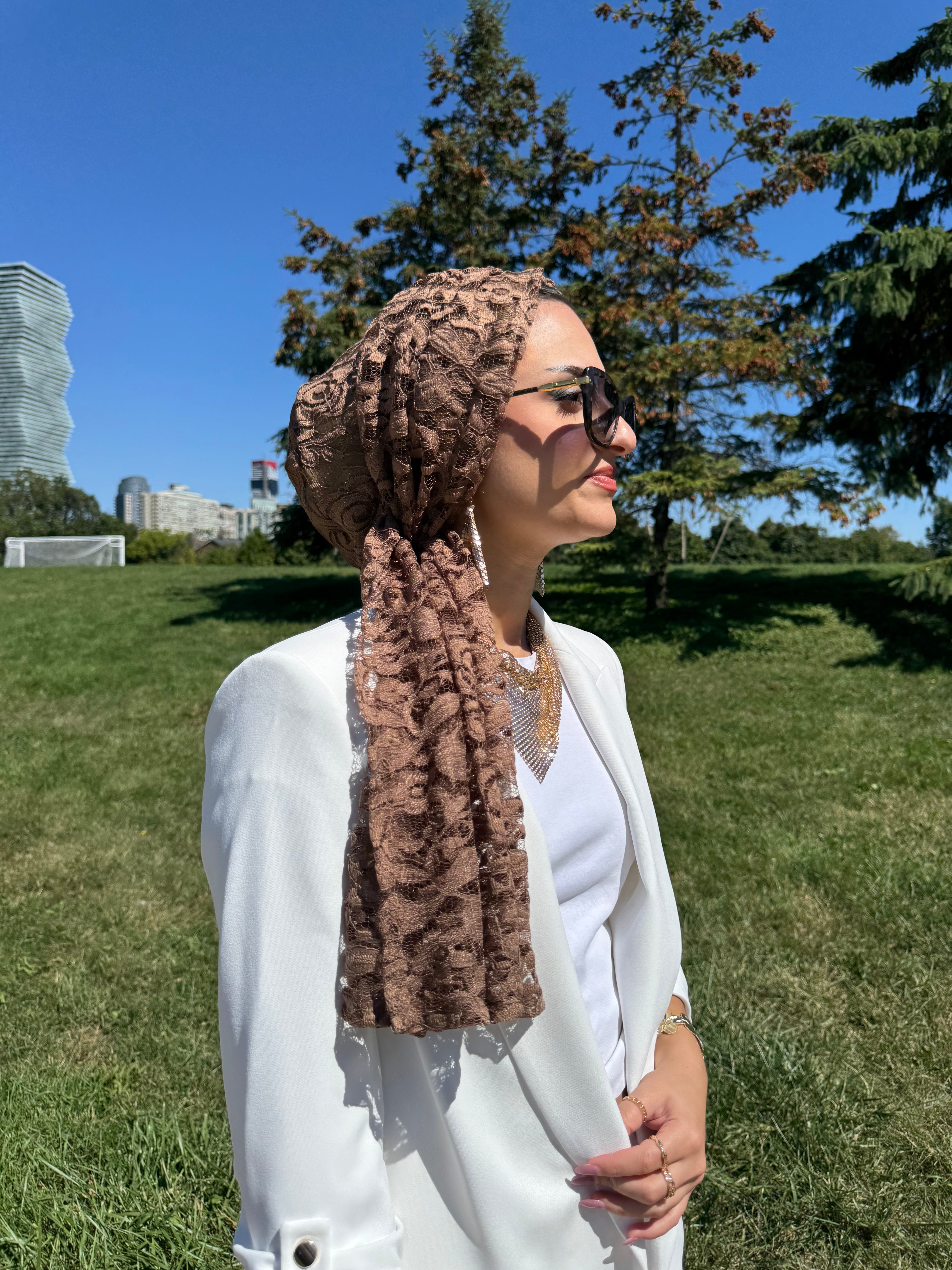 Beanie Wrap Lace - Brown - Turban Couture