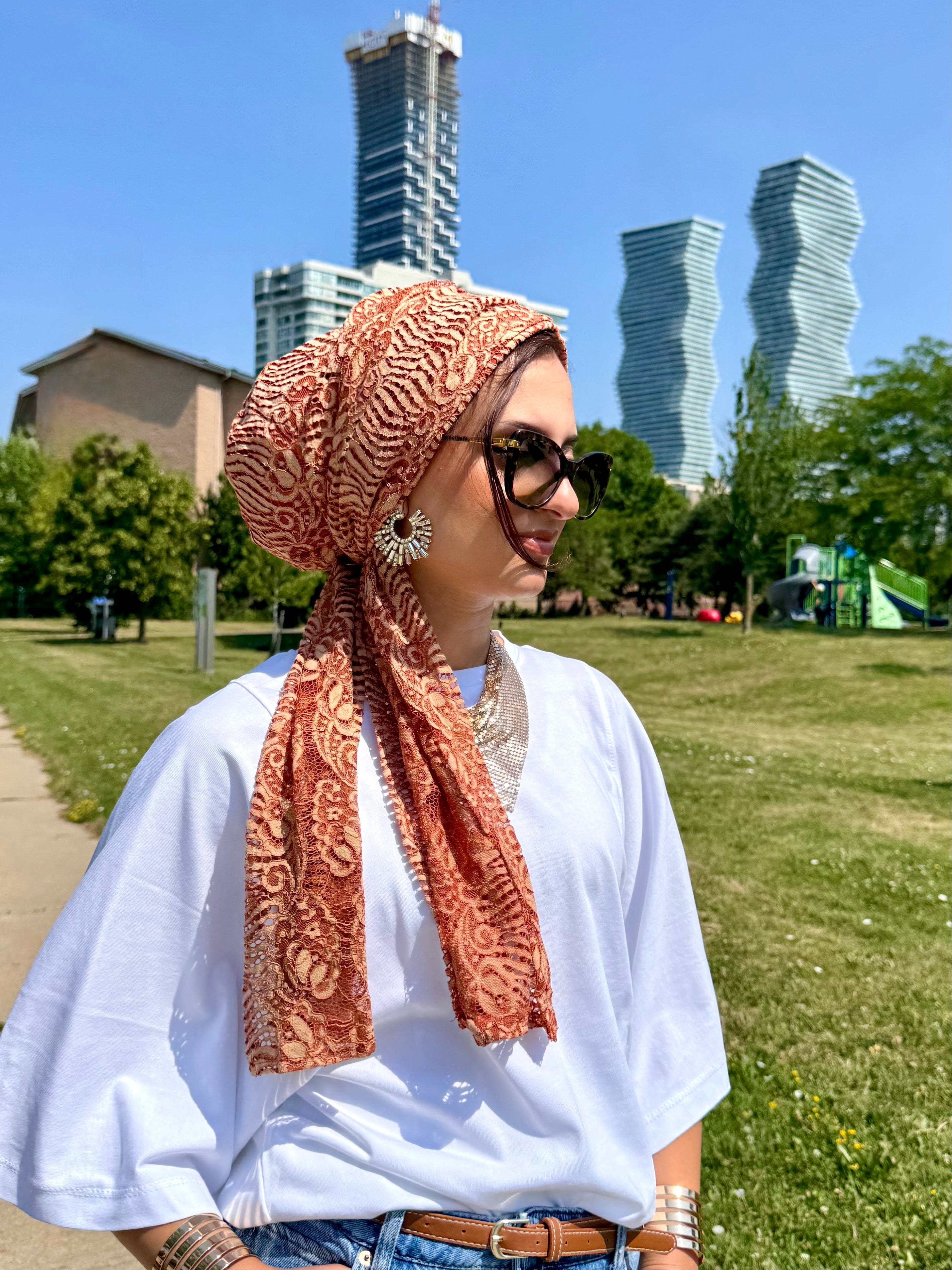 Beanie Wrap Lace - Coral Nude - Turban Couture