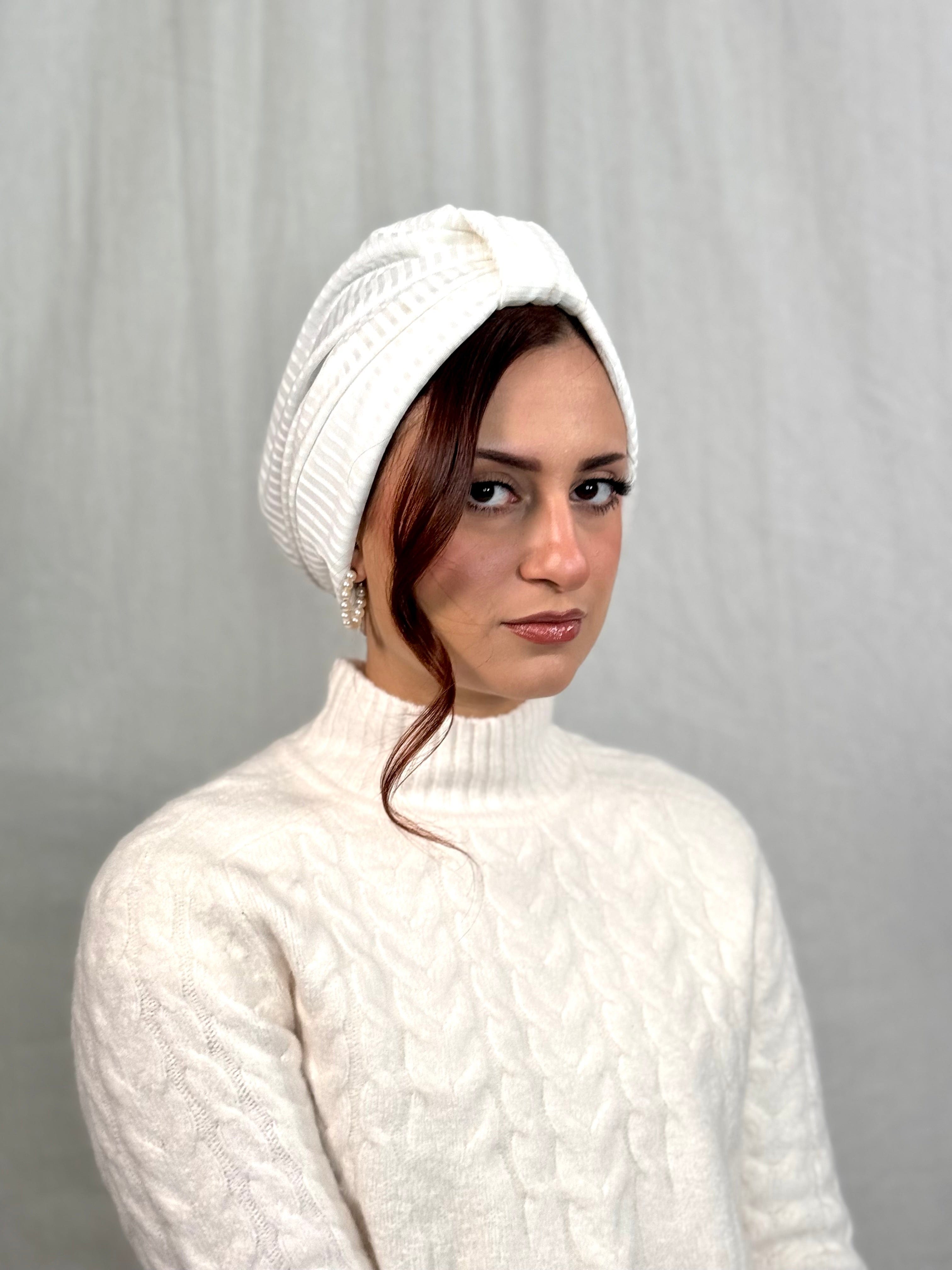 Beanie Bow Ribbed Jersey - White - Turban Couture