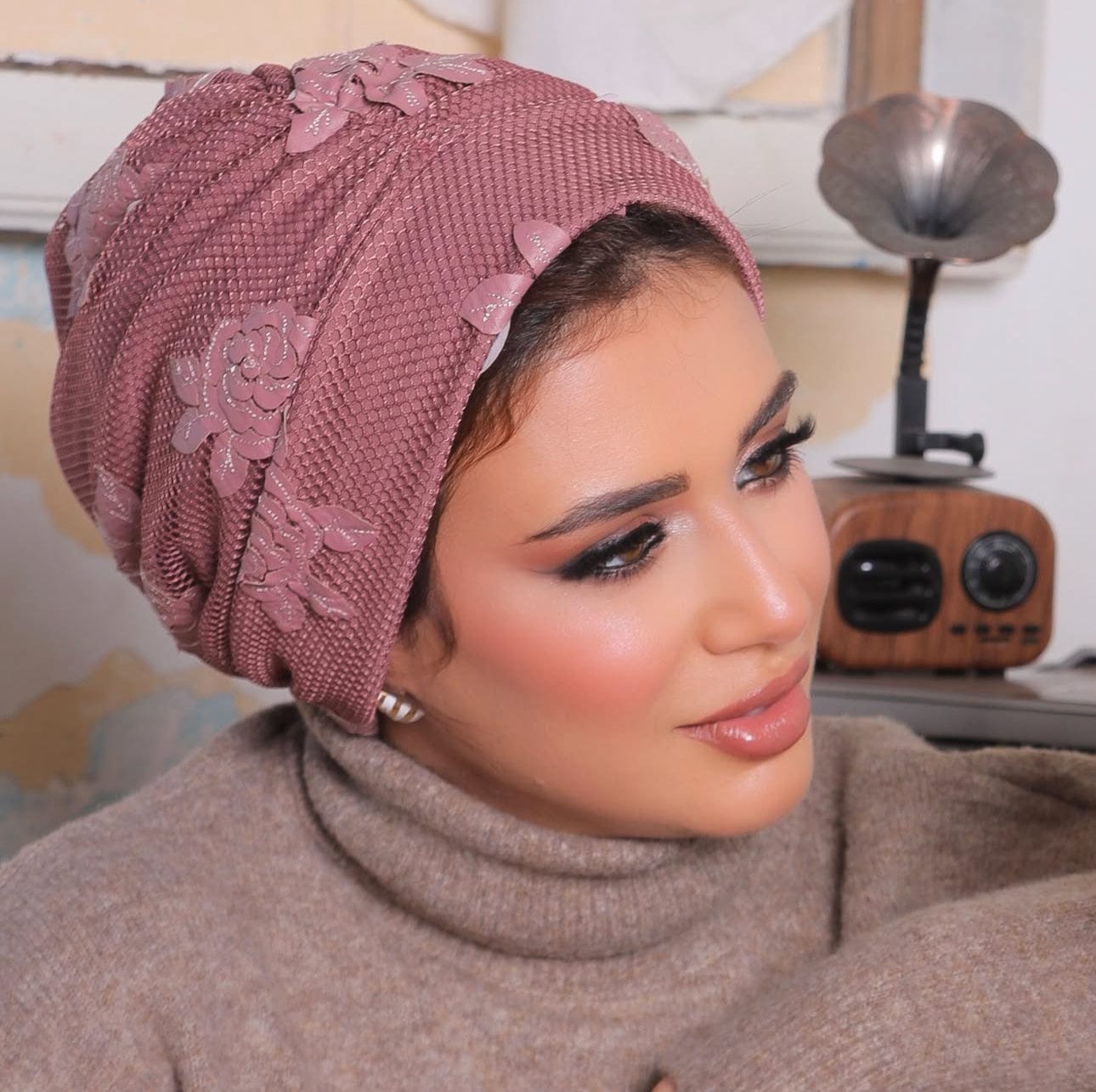 Beanie Floral Leather Knit - Rose - Turban Couture