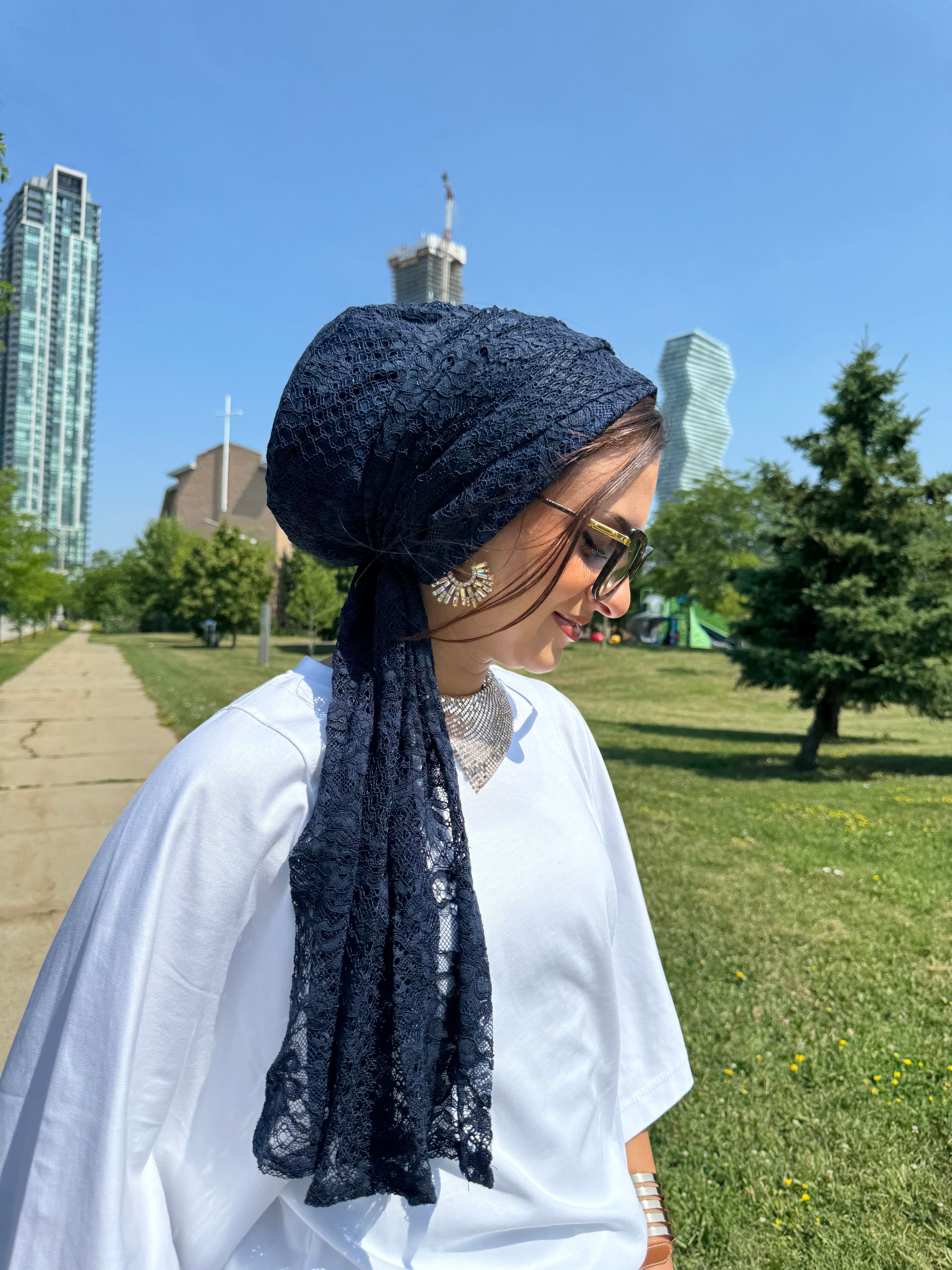 Beanie Wrap Lace - Navy - Turban Couture