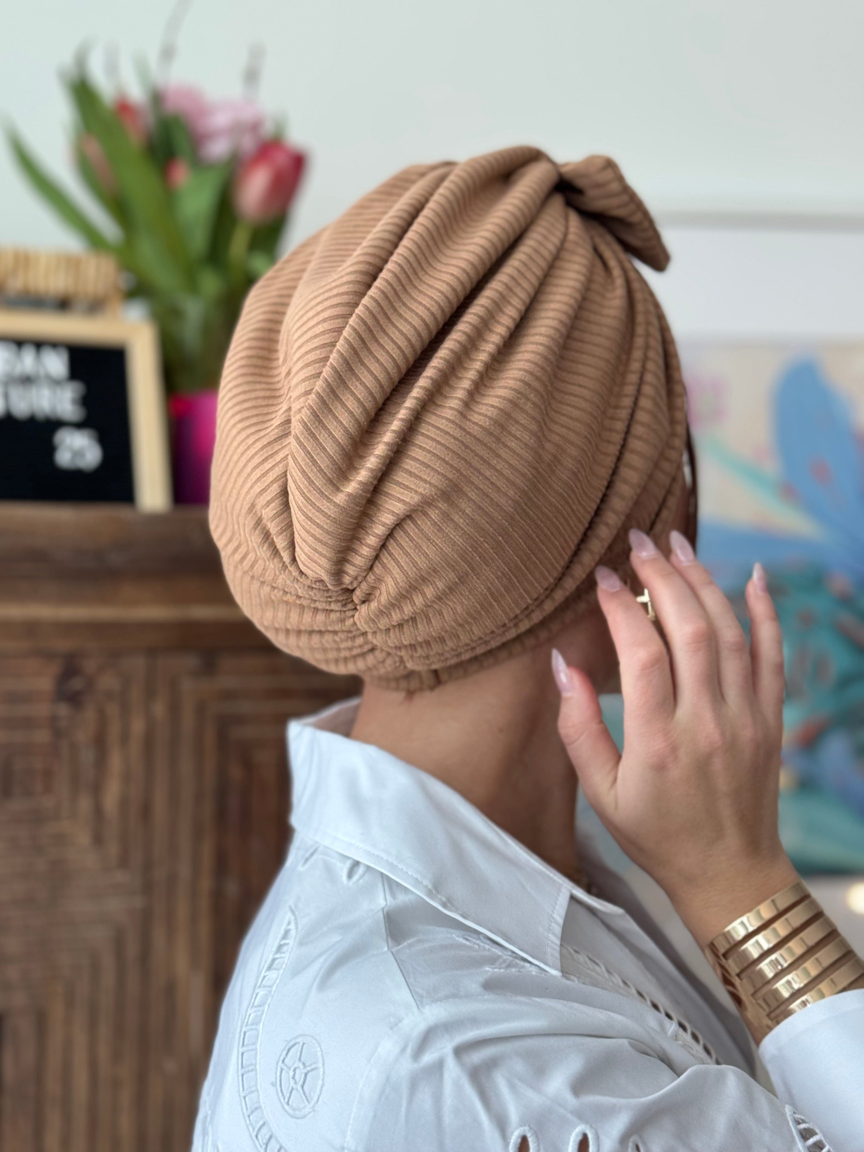 Beanie Bow Ribbed Jersey - Caramel - Turban Couture