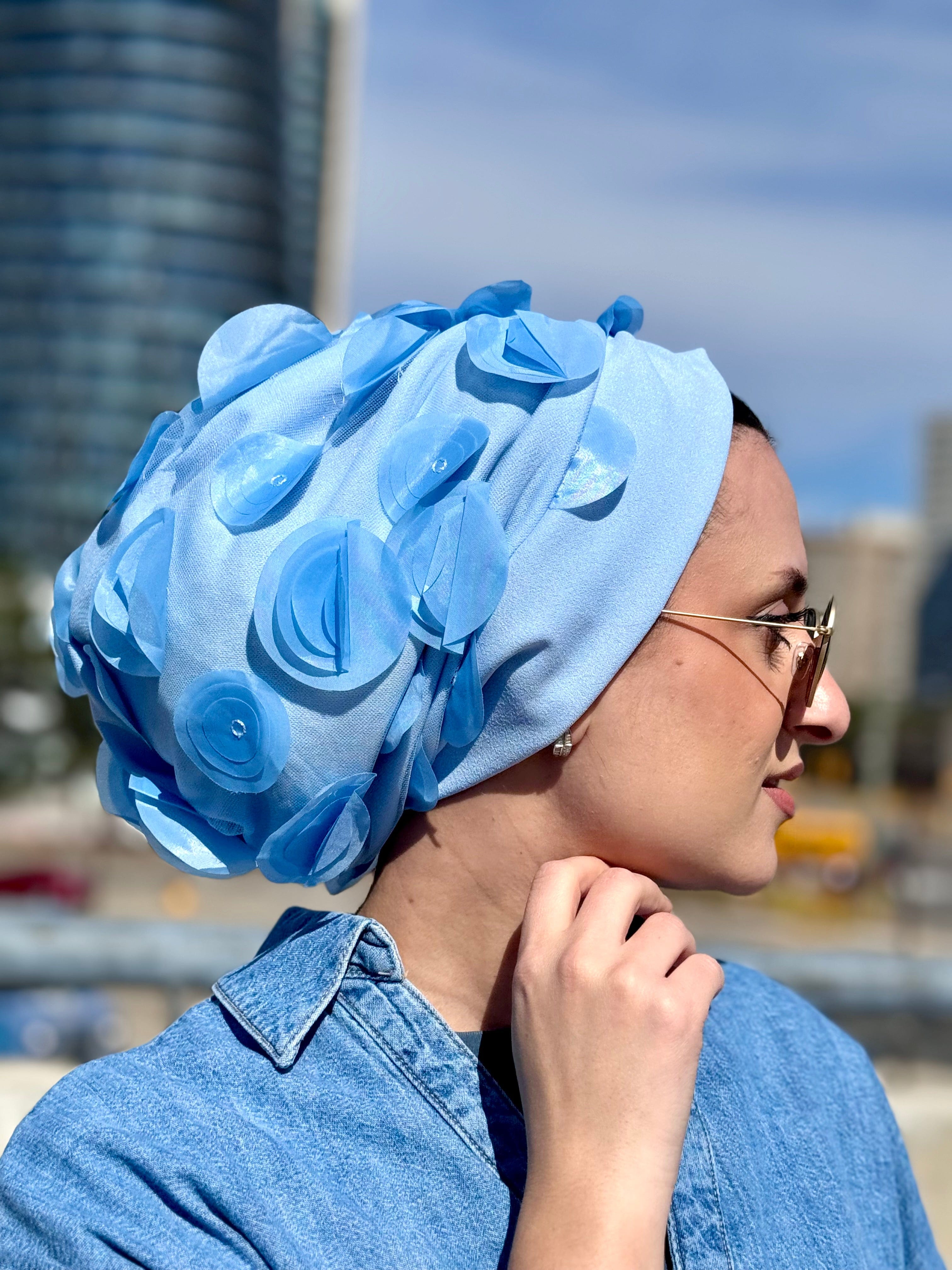 Beanie Tulle - Flowers Blue - Turban Couture