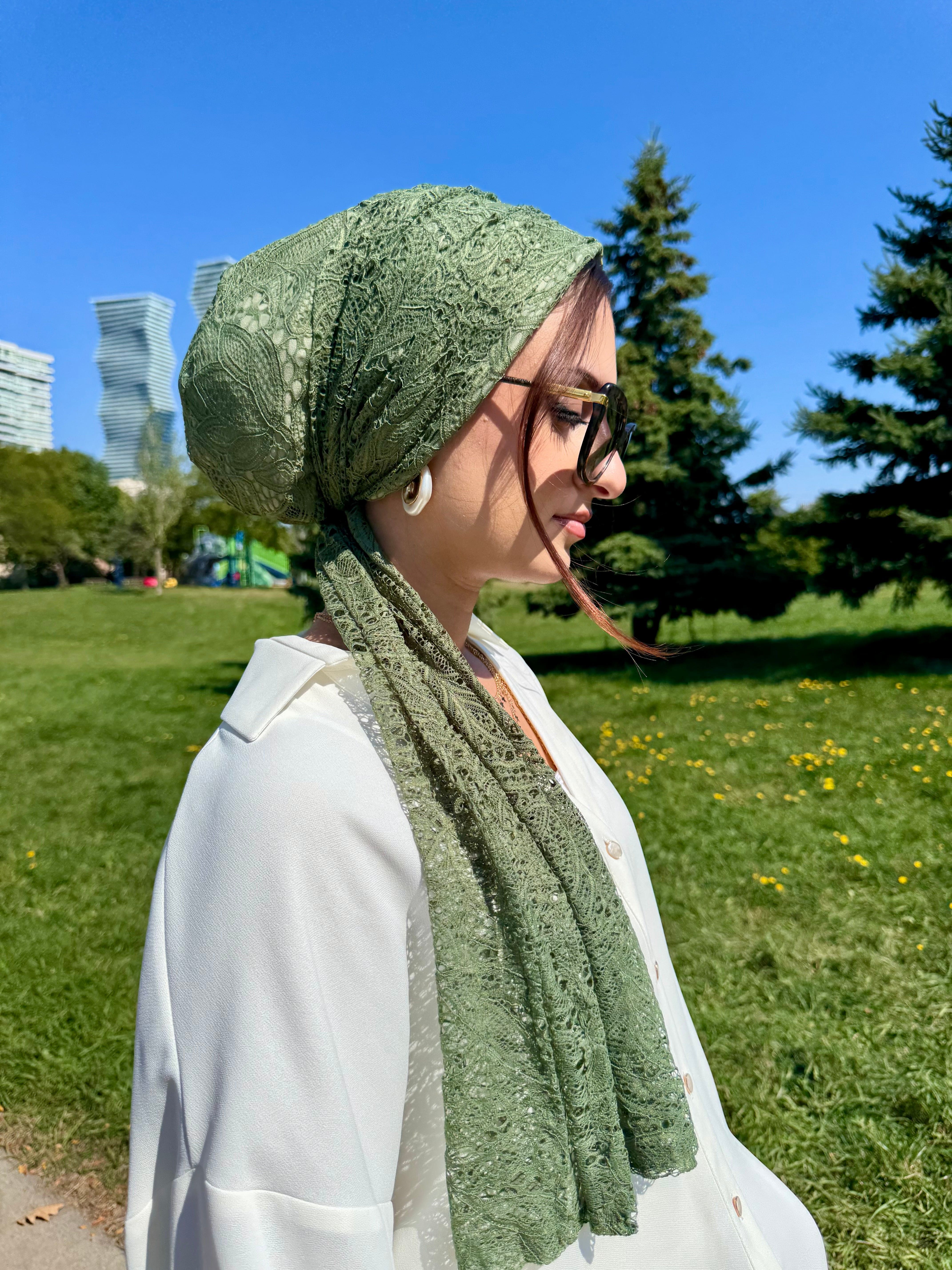 Beanie Wrap Lace - Olive - Turban Couture