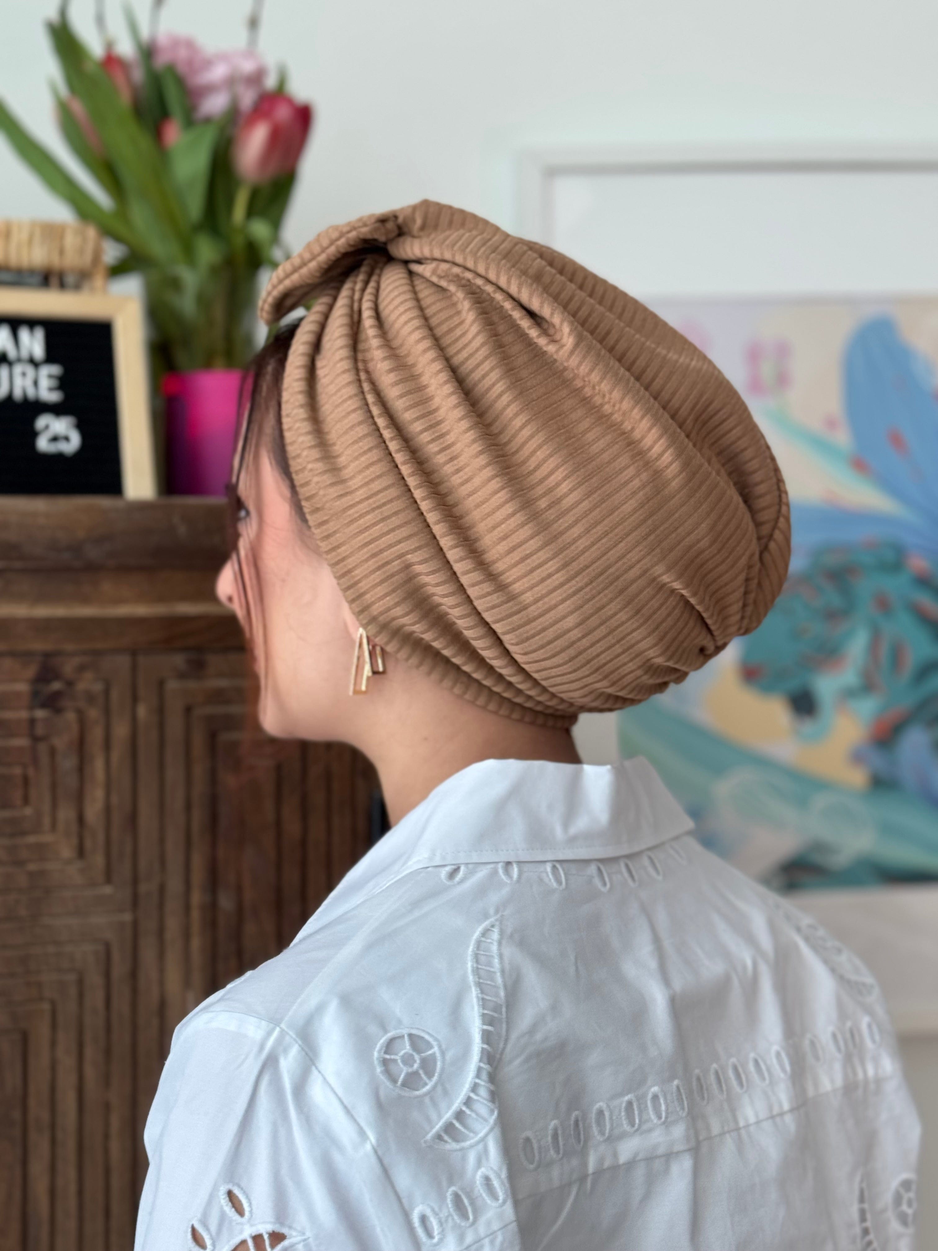 Beanie Bow Ribbed Jersey - Caramel - Turban Couture